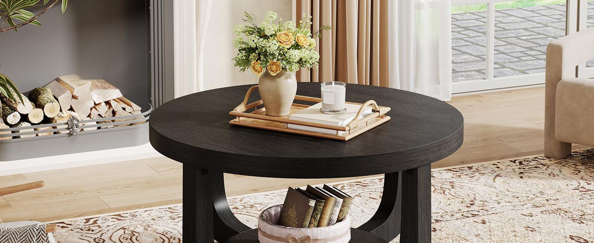 Tribesigns runder Couchtisch, 2-stöckiger runder Couchtisch mit Stauraum, Beistelltisch Holz Wohnzimmer, dicke Tischplatte Gestell, Schwarz
