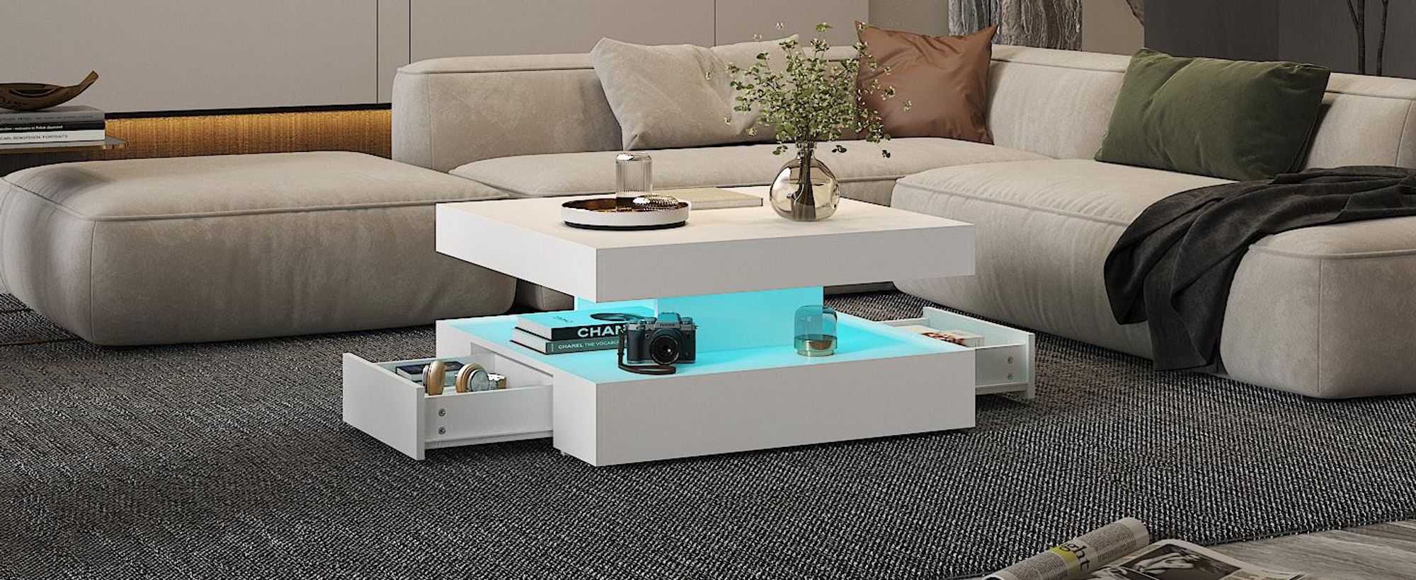 Radelldar Wohnzimmertisch mit 2 Schubladen, mit LED und Verstecktem Stauraum, matt 78x78x40cm, Weiß