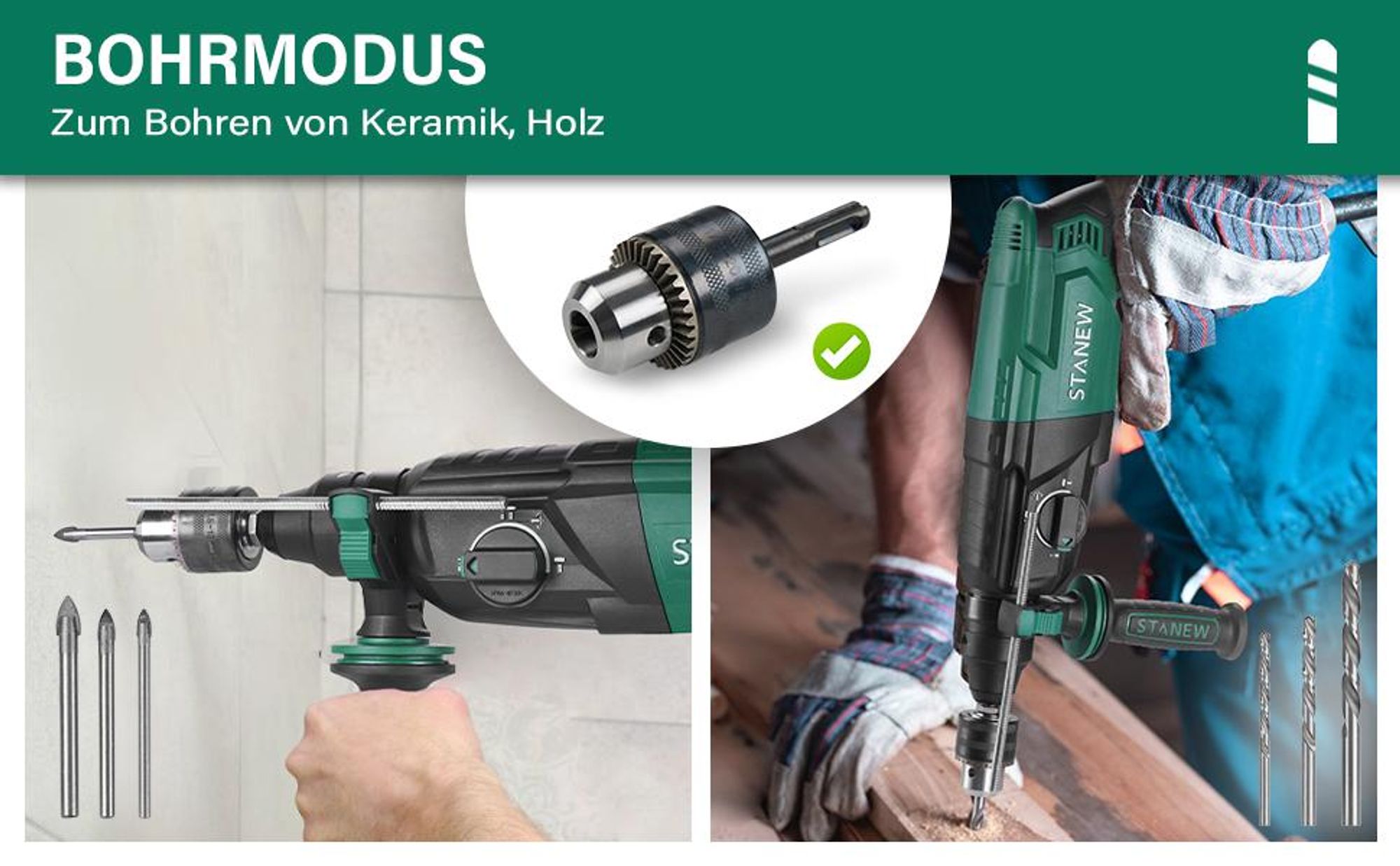 STANEW Bohrhammer 950 W kabelgebundener SDS-Plus mit 16 Zubehörteilen, 0–1150 U/min/5100 BPM Schlagbohrmaschine mit 4 Funktionen und Sicherheitskupplu