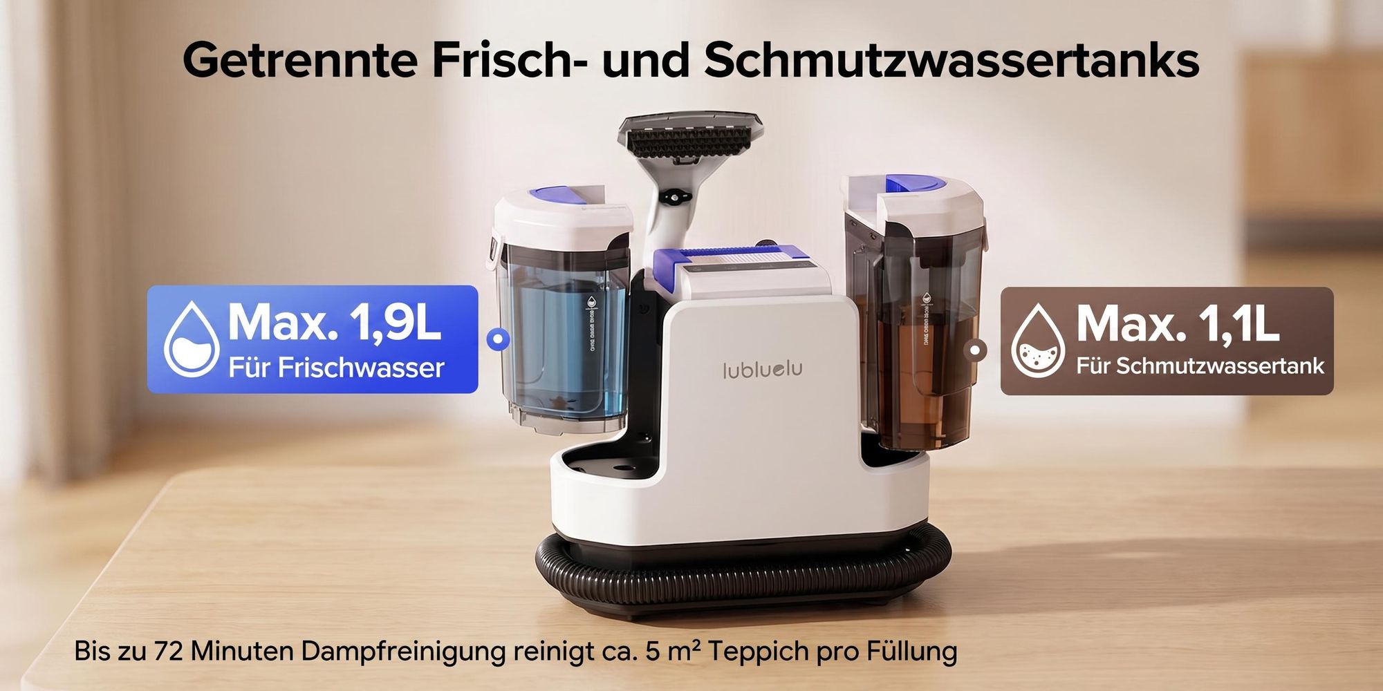Lubluelu V11 Polsterreiniger Waschsauger Teppichreiniger 30KPa Dampffunktion 4 Modi 1900W mit 1,9L+1,1L Doppeltank für Sofa Auto Matratze Touchdisplay