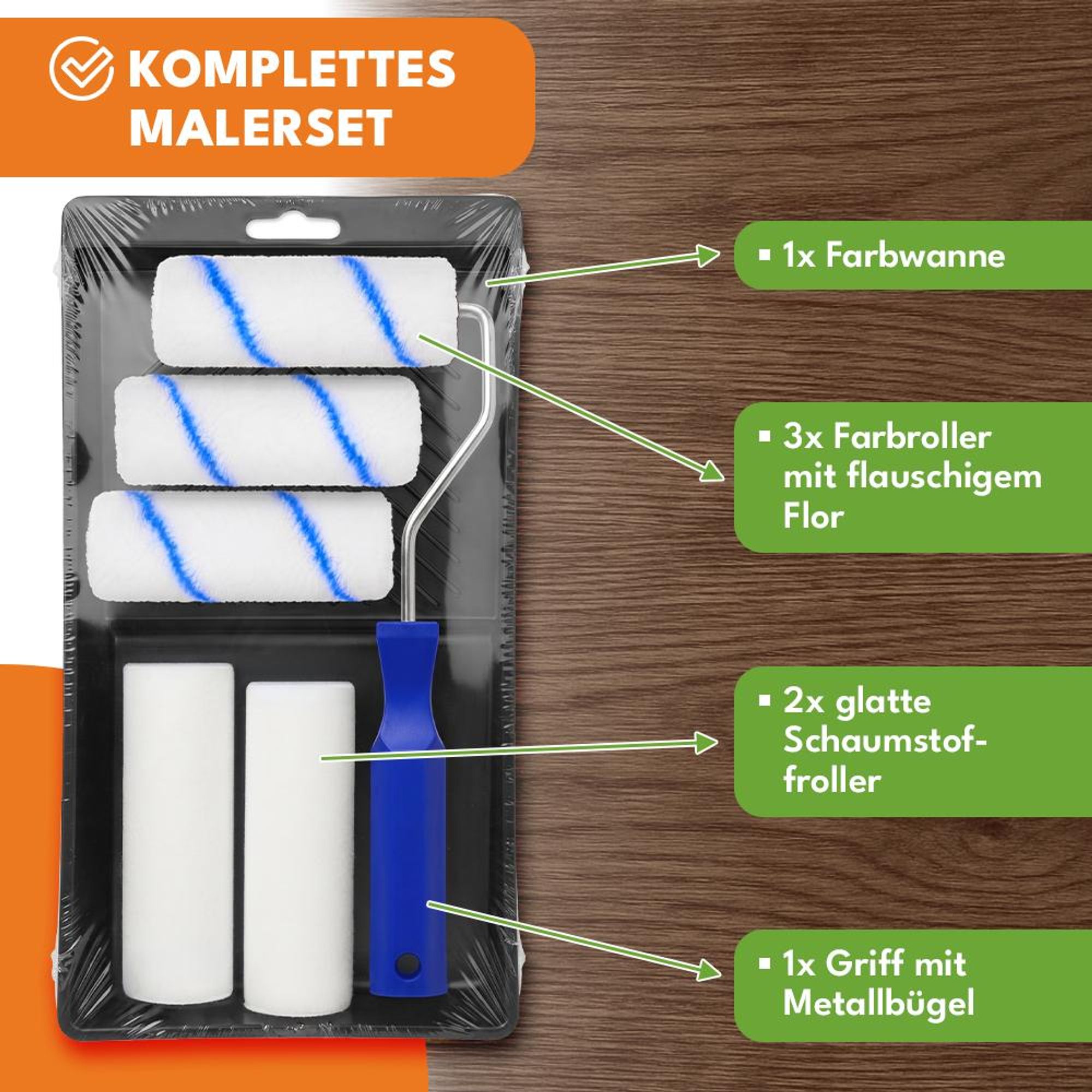 KRUMAD Farbroller Set 5-teilig, Malerrollen Set für Wandfarbe und Lack, Farbwalze mit Farbwanne und Bügel, für Wände, Decken und Holz