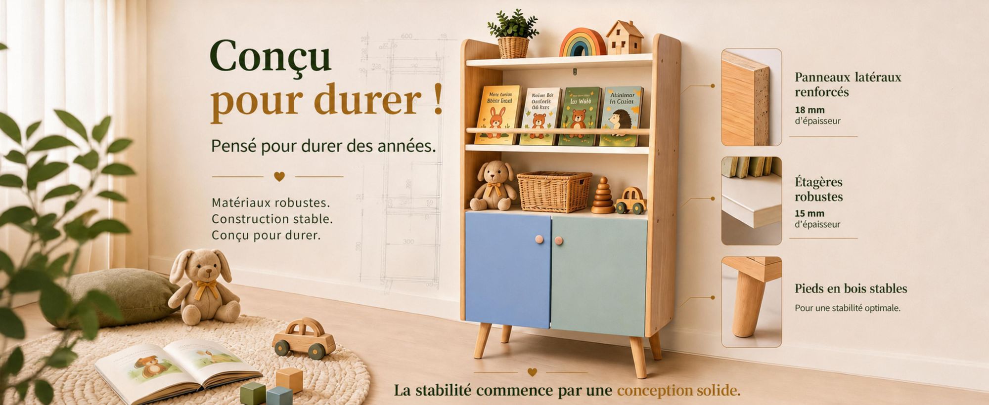 Étagère d'enfant ALVIX NESTA 4 avec 2 portes, bibliothèque Montessori pour enfants avec espace de rangement pour les livres, étagère à jouets et armoire de rangement, équipée d'un système anti-basculement
