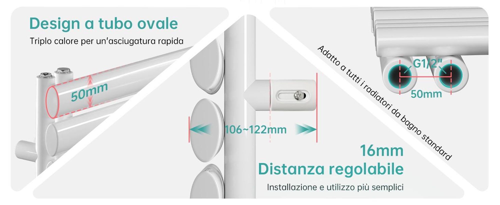 Radiatore da bagno EMKE Radiatore tubolare Asciugamano tubolare ovale Scaldasalviette Attacco laterale verticale per l'acqua Bianco 143×40 cm 484W senza elemento riscaldante