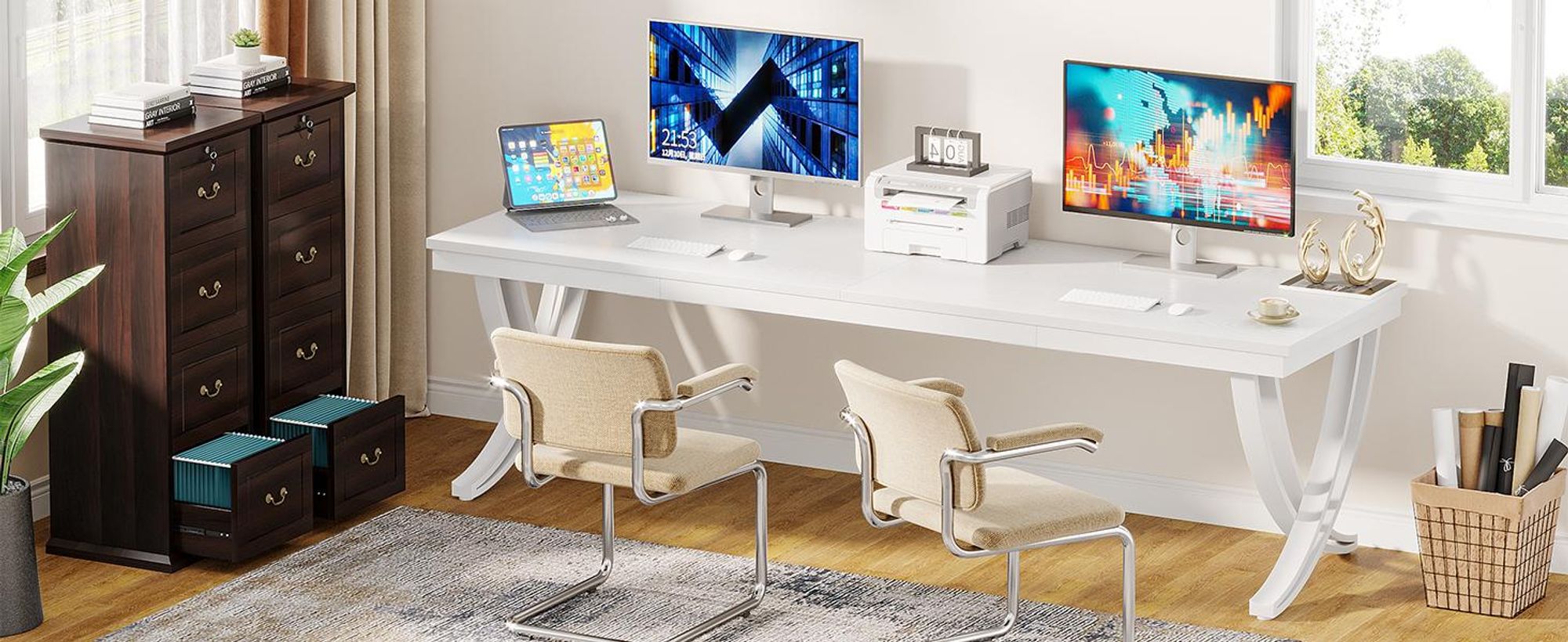 2-Personen-Schreibtisch, 200 cm extra langer Computertisch, großer Doppelschreibtisch für das Homeoffice, Arbeitsplatz für zwei Personen