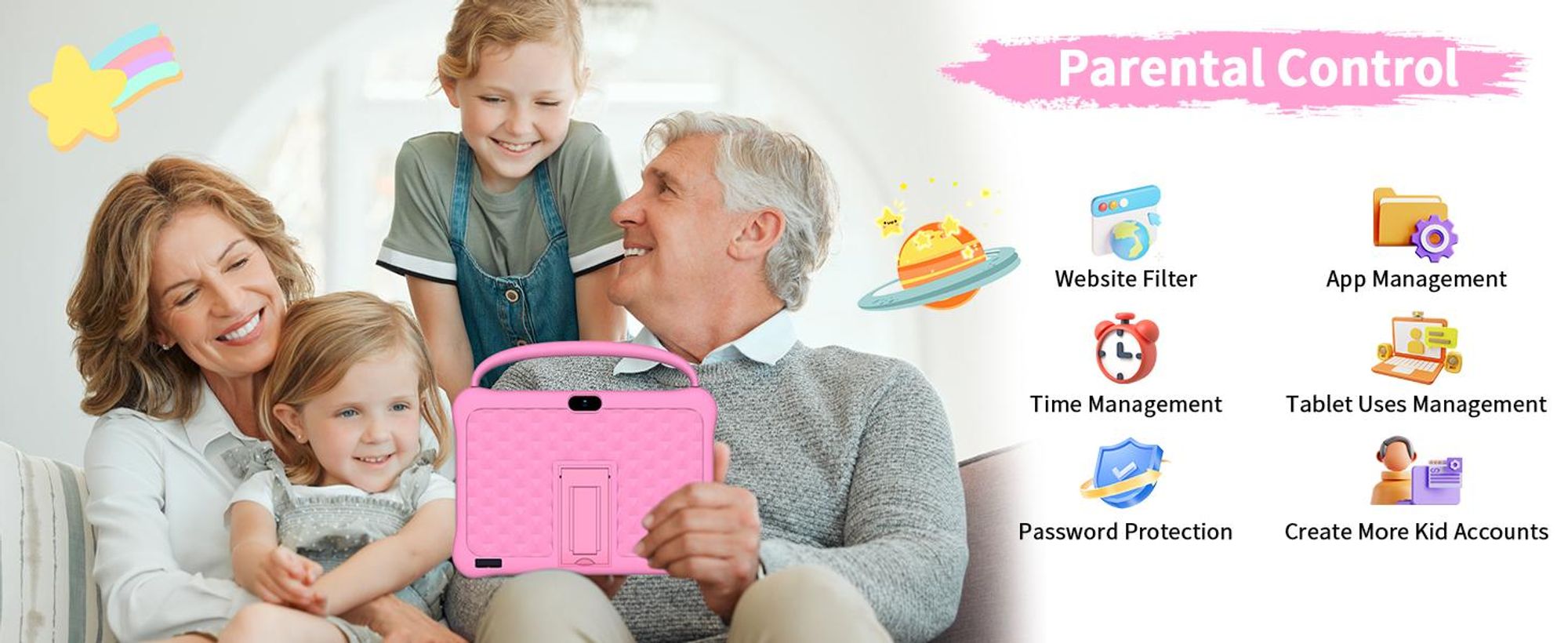 PRITOM Android 13 Tablet für Kinder, 10 Zoll Octa-Core, 64 GB RAM, 1 TB TF-Karte erweiterbar, Kindersicherung, Dual-Kamera, WLAN, Rosa