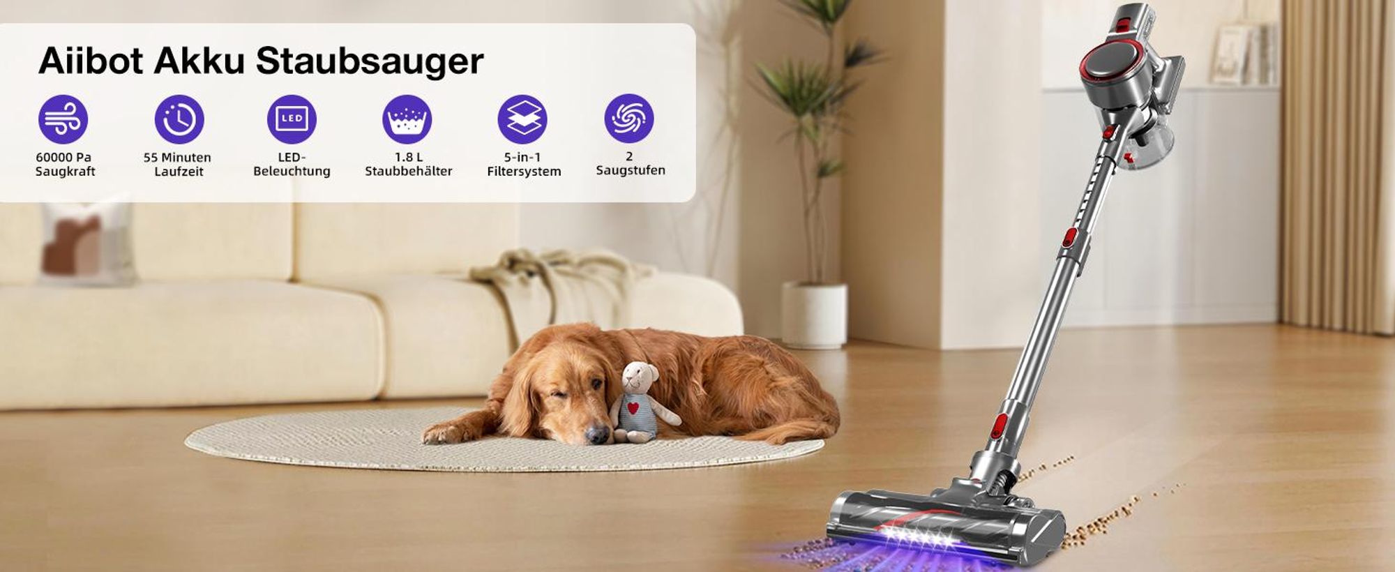 Aiibot Akku Staubsauger, 60000Pa/600W/55Min/1,8L Staubsauger Kabellos mit Display, Anti-Tangle-Bürste,Ultraleise,für Tierhaare/Teppiche/Hartböden/Auto