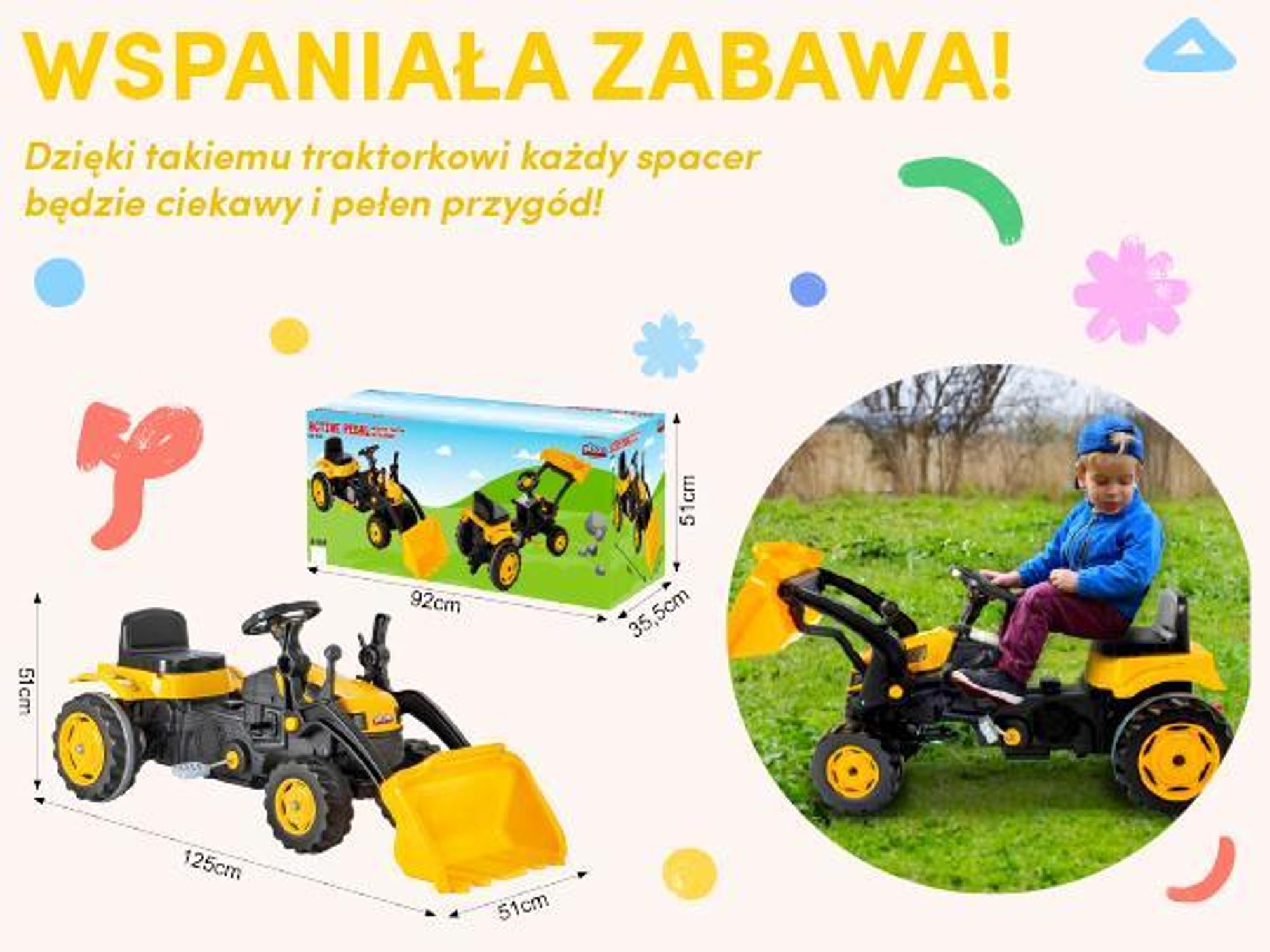 Duży żółty traktor na pedały z ładowarką