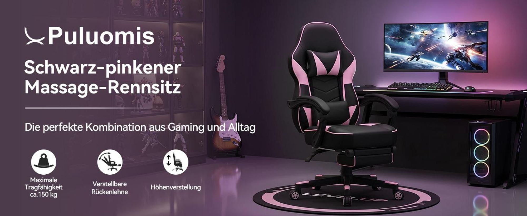 Puluomis Gaming Stuhl mit Massage und Fußstütze 150kg, Bürostuhl Ergonomisch Chefsessel Schreibtischstuhl Racing Stuhl Computerstuhl Rosa Pink Schwarz