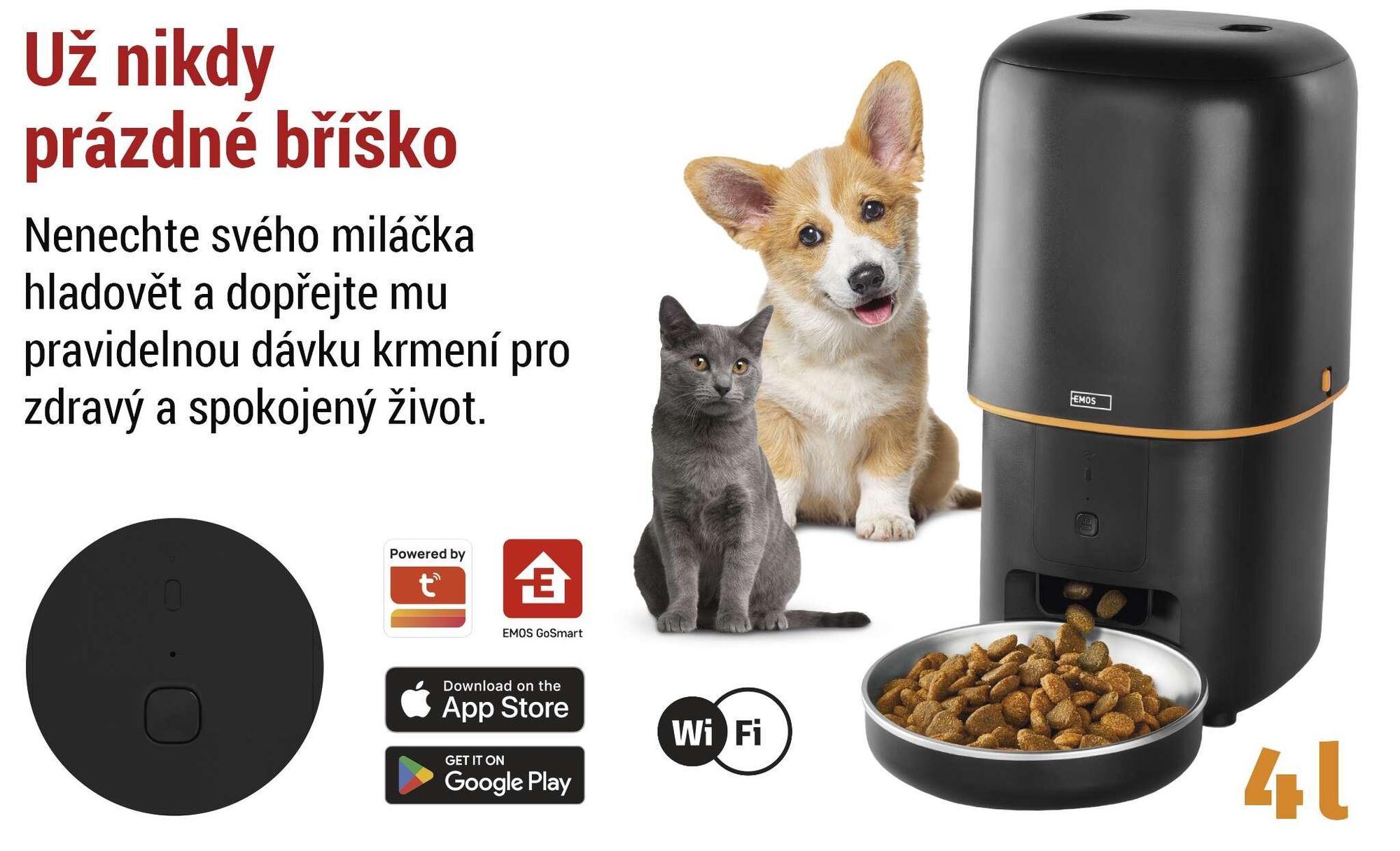 EMOS GoSmart automatické krmítko 4l, WLAN Pet Care s aplikací, pro kočky a psy s plánem, hlasovým záznamem, dávkováním 1-10 jídel, černá barva