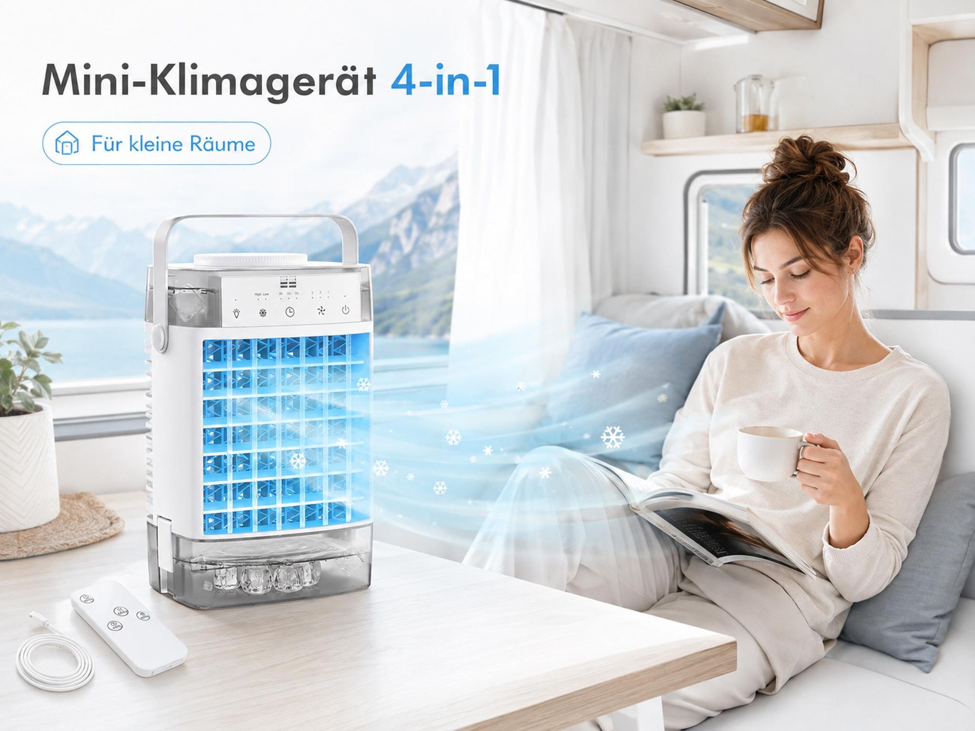 Mini Klimaanlage 4 in 1,Klimagerät Tragbar Leise,Ventilator mit Wasserkühlung 2 Modi 3 Geschwindigkeiten Timer RGB-Licht für Zimmer Camping,Grau