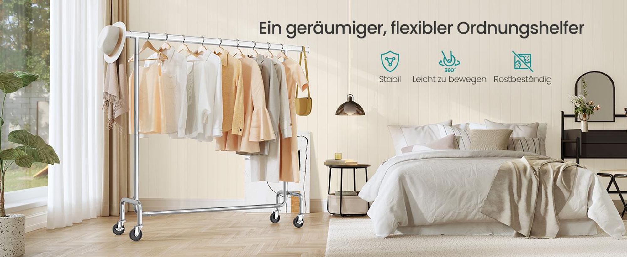 SONGMICS Kleiderständer Garderobenständer auf Rollen aus Metall
