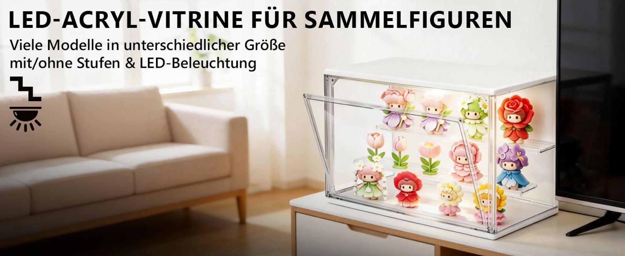 LED Acryl Vitrine 36×22×18cm, 3 Ebenen Transparente Schaukasten mit Magnettür Display Box zur Aufbewahrung & Präsentation für Sammelfiguren