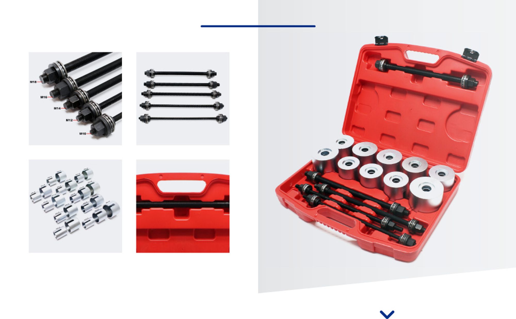 Wiltec Silentlager Abzieher Satz 27 teilig, Ausdrücker für Achslager, Werkzeug für Silentlager mit 22 Hülsen M10-M18 und 5 Spindeln