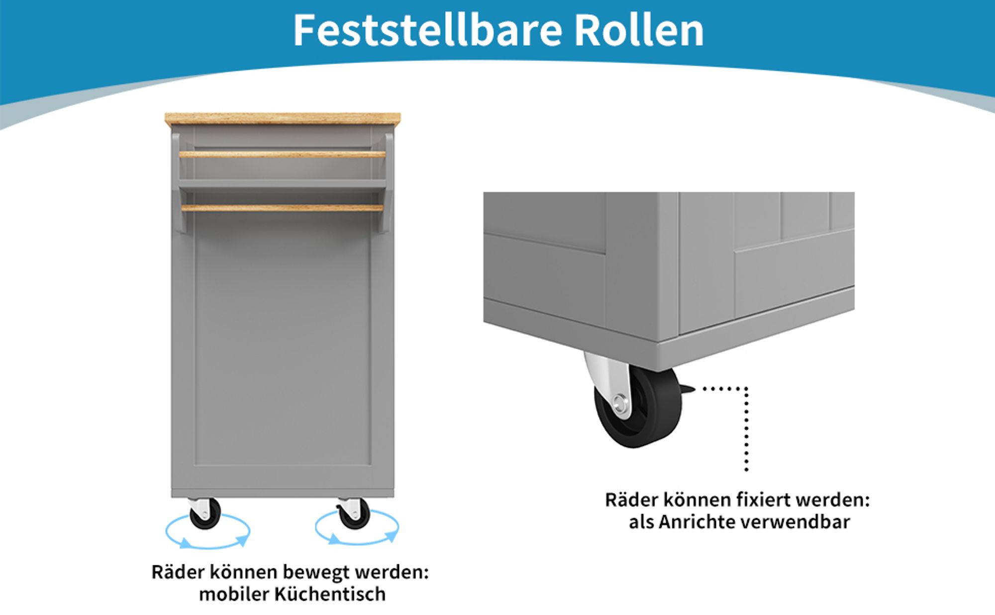 Flieks Servierwagen mit Weinkühler, Moderne Kücheninsel, Küchentrolley Küchenschrank, Speisewagen mit Schubladen und Handtuchhalter, Grau