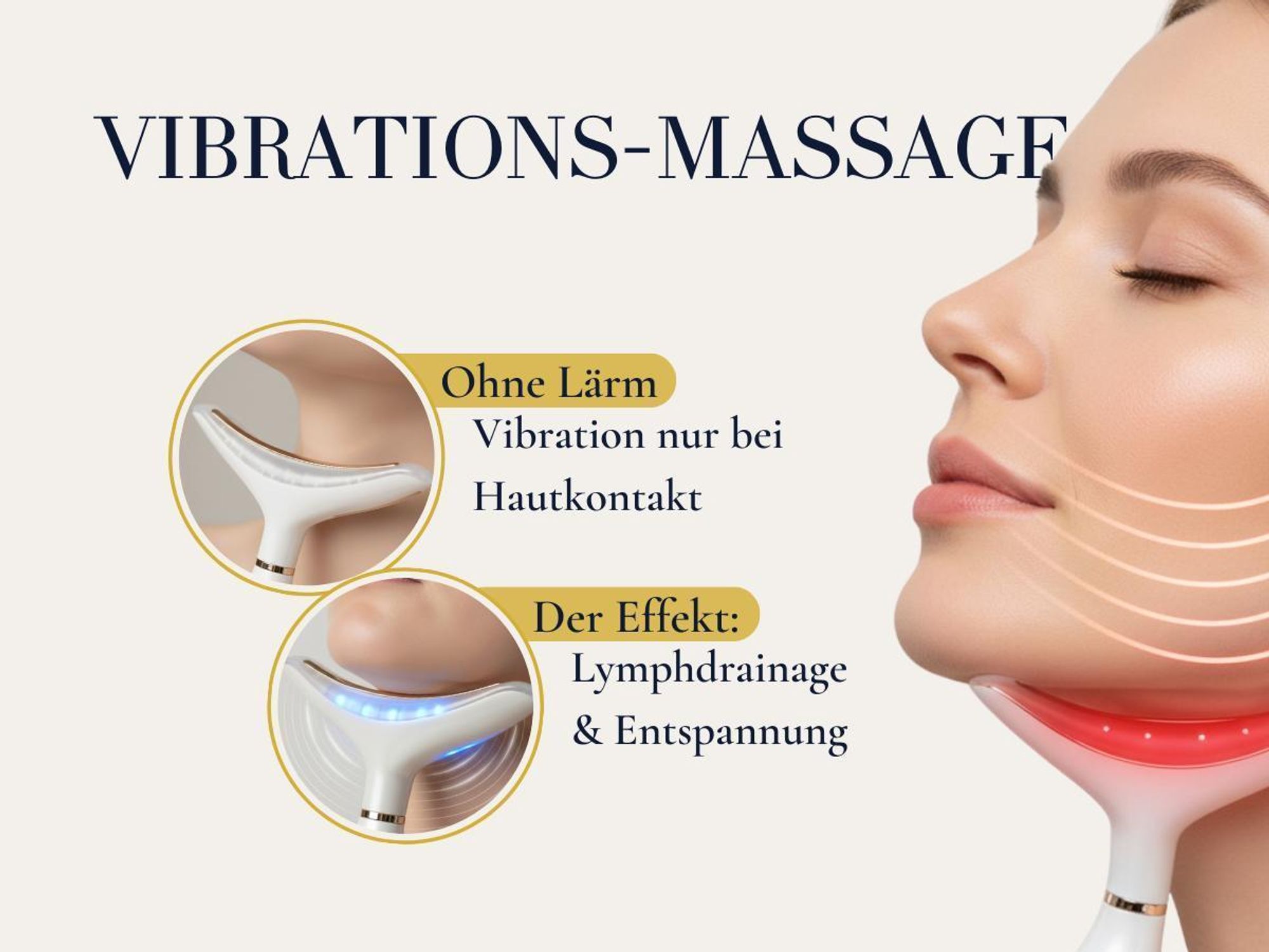 Vibriert nur bei direkter Berührung mit Haut. Lymphdrainage und Entspannung im Gesicht.