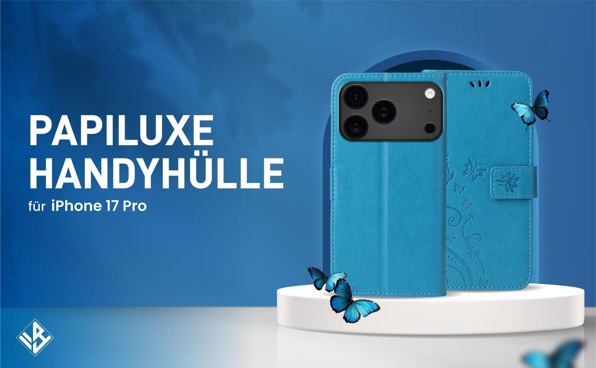 Blaue Klapphülle im Schmetterling Design für Apple iPhone 17 Pro mit Wallet-Funktion