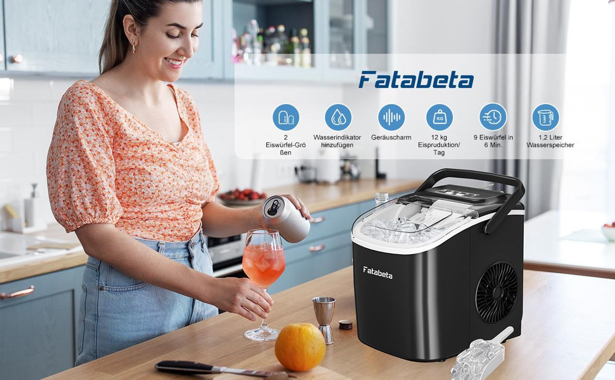 Fatabeta Eiswürfelmaschine 1,2L Eiswürfelbereiter 2 Eisgrößen 9 Eiswürfel in 6 Min, 12kg/24h, LCD Display, leise Eiswürfel Maschine