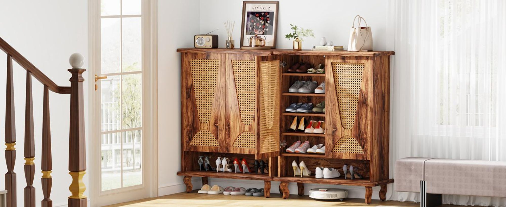 Tribesigns Schuhschrank Rattan, 5-stöckiger, großer, versteckter, moderner, freistehender Schuhschrank für 25 Paar Schuhe mit belüfteten Türen