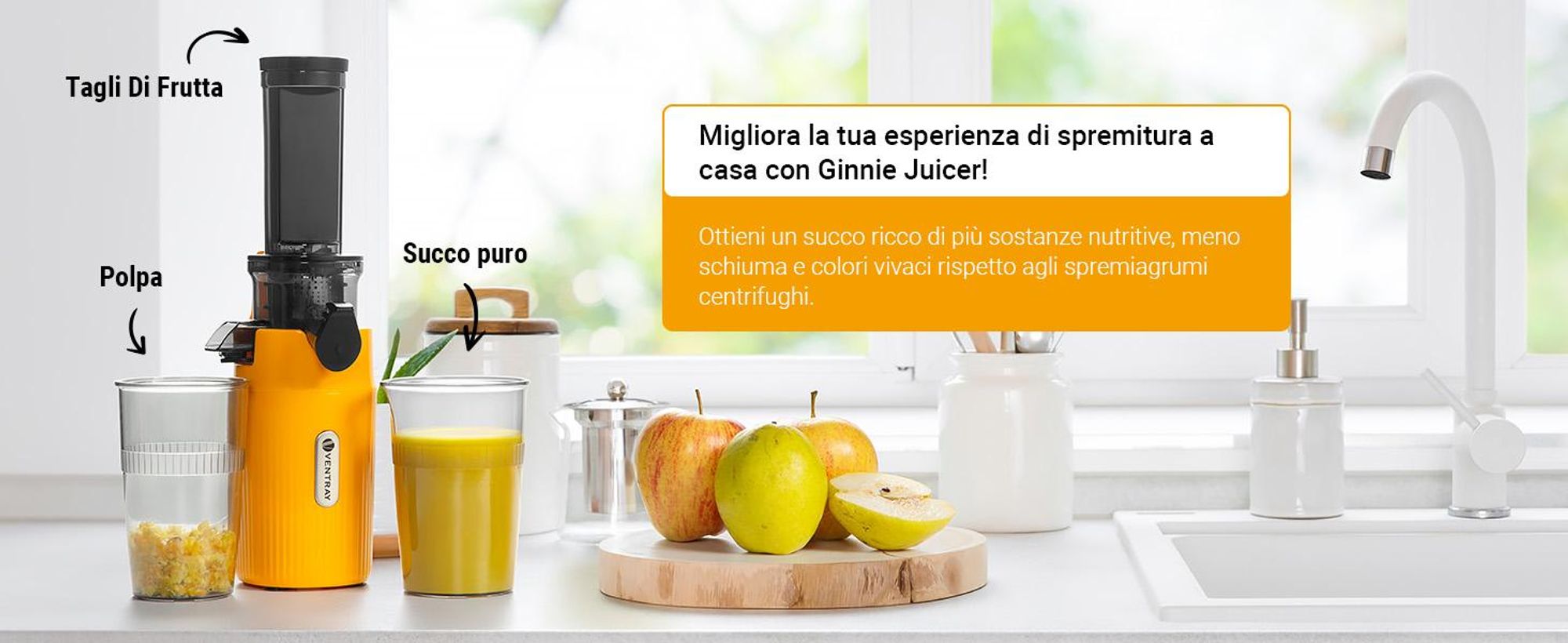 Ventray Essential Ginnie - Spremiagrumi a freddo, spremiagrumi lento compatto e silenzioso (60 giri al minuto, apertura di alimentazione di 45 mm), senza BPA, 400 ml, facile da pulire
