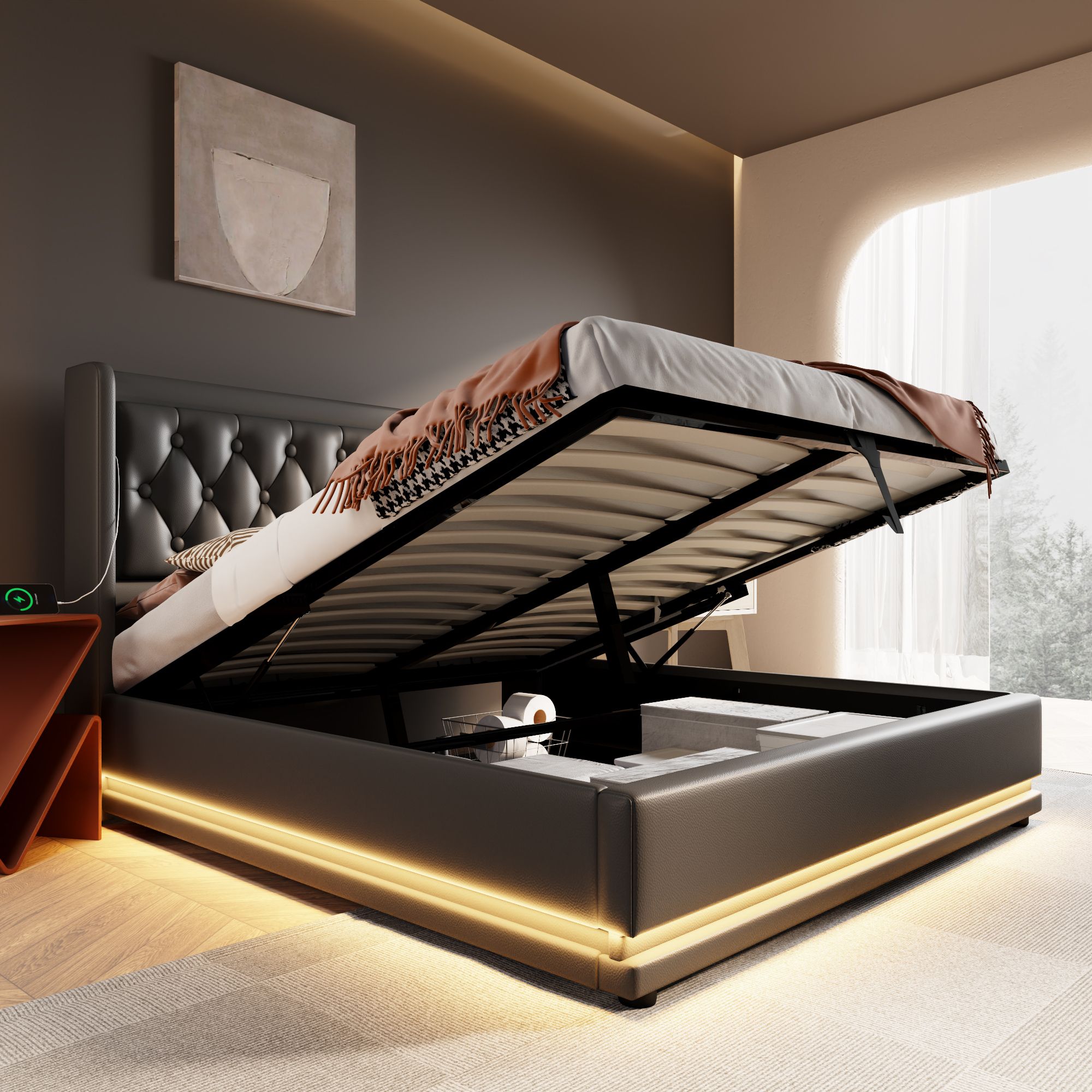 Flieks Polsterbett 180x200cm mit USB & Typ-C, Doppelbett Jugendbett mit LED, Hydraulisches Stauraumbett Boxspringbett mit Lattenrost, PU, Schwarz