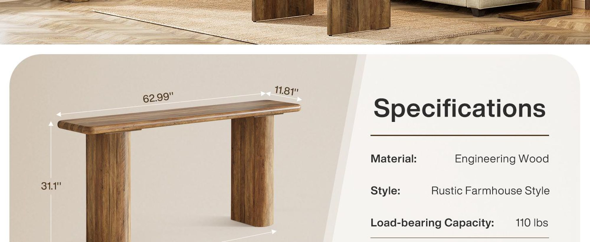 Tribesigns Konsolentisch, 160 cm, rechteckiger Sofatisch aus Holz im Industriestil, rustikales Bauernhaus-Eingangsmöbel für Eingang, Flur, Braun