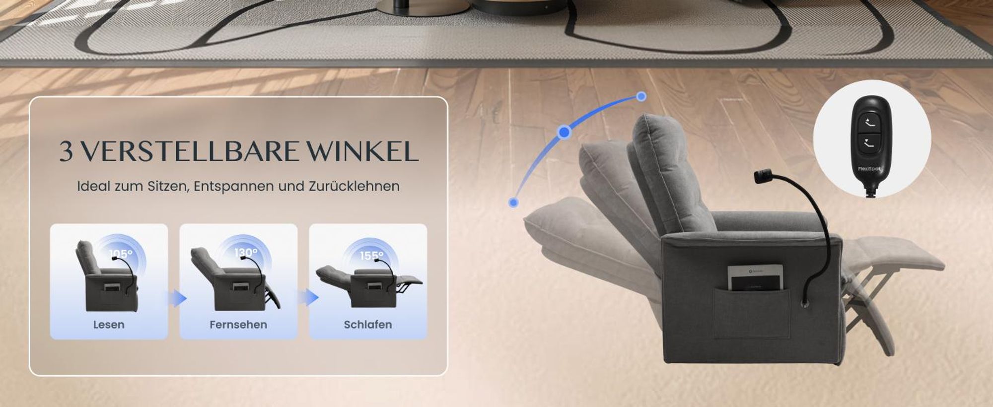 FLEXISPOT Elektrischer Relaxsessel mit Handyhalterung, ergonomischer Liegesessel mit Liegefunktion, Fernsehsessel bis 200kg belastbar, Dunkelgrau