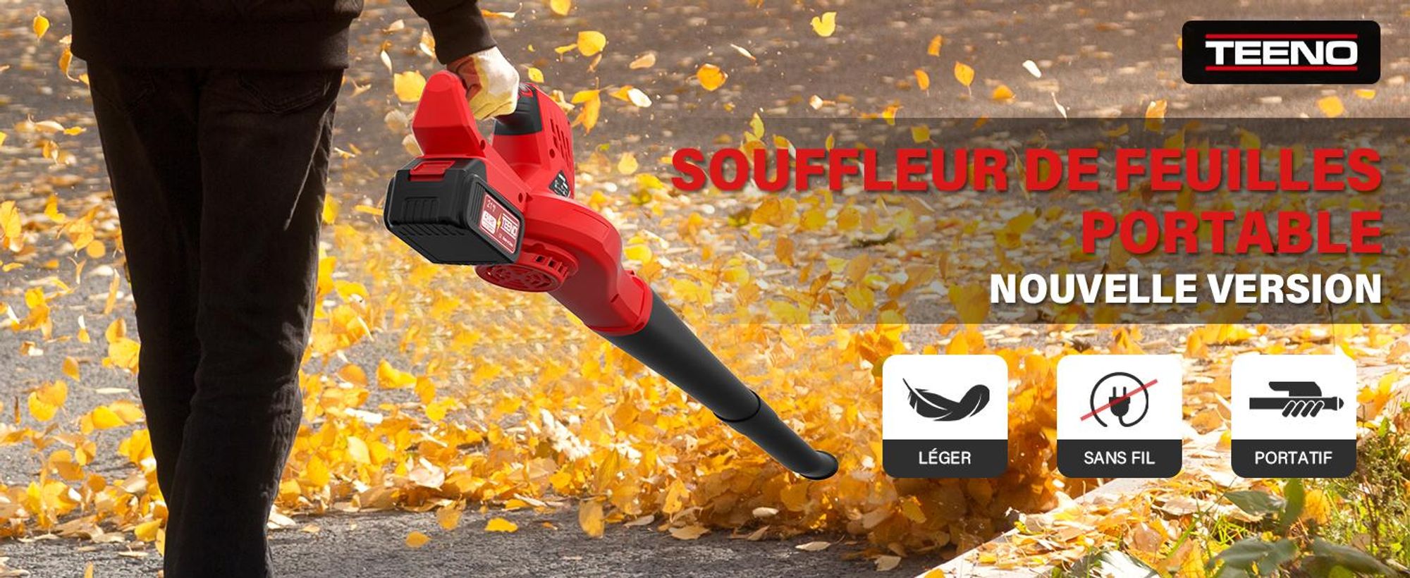 TEENO Souffleur de Feuilles Rechargeable, 21 V, 4,0 Ah, 6 Modes de Vitesse, Vitesse du Vent jusqu'à 210 km/h, Tuyau de soufflage Amovible