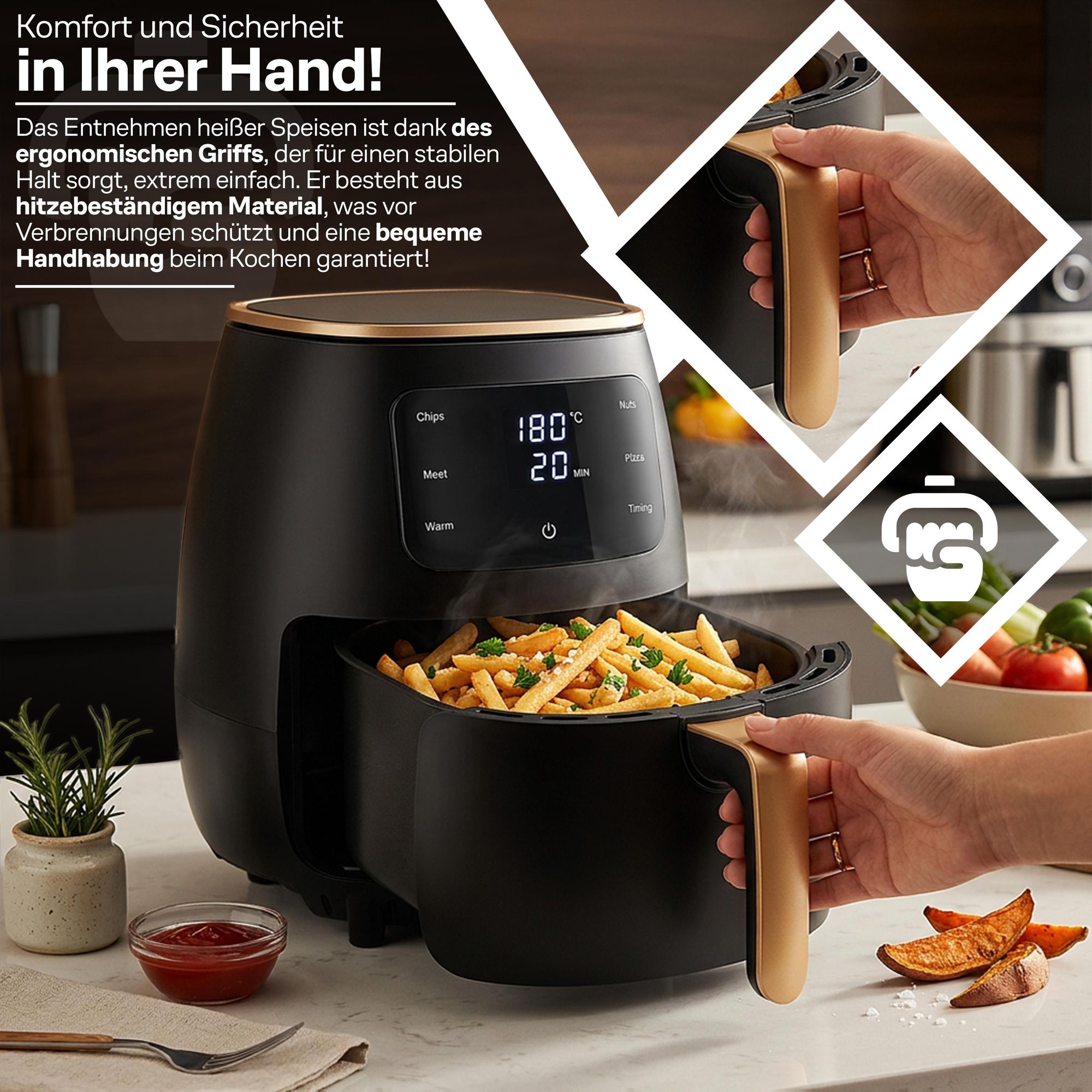 Heißluftfritteuse 6L Airfryer 2400W, 6 Programme, Compact Air fryer, LCD Display, LED Touchscreen, energiesparend, leise, Schwarz und Gold, Retoo