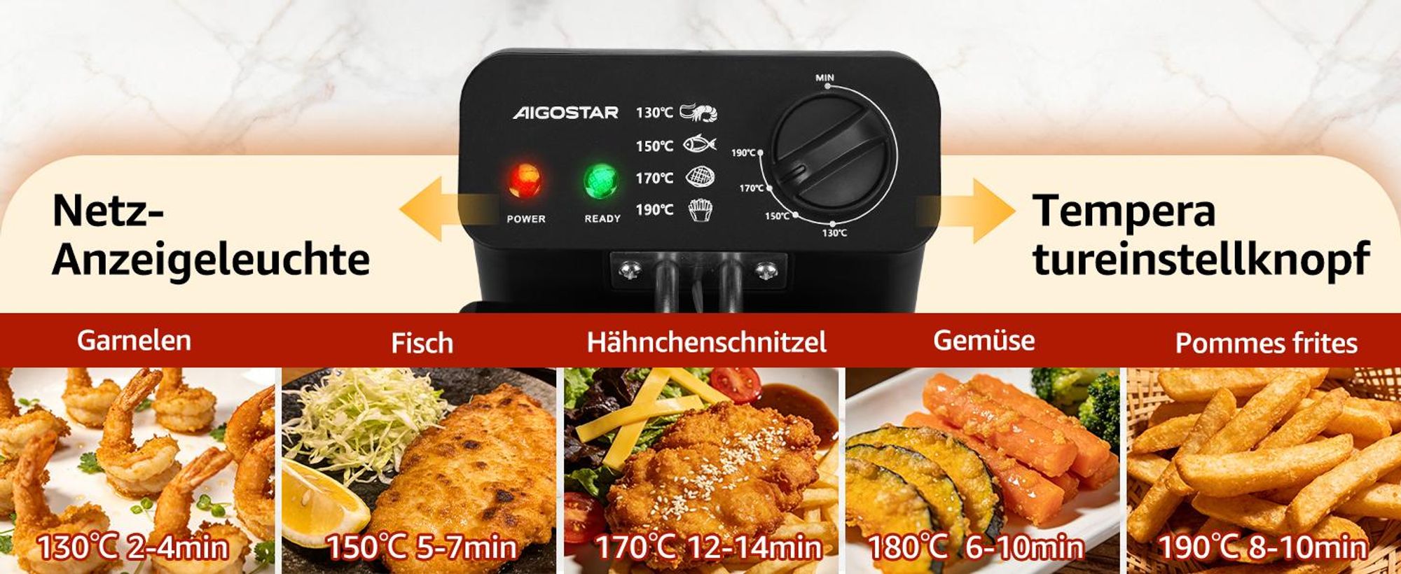 Aigostar - Semi-professionelle Fritteuse, Edelstahl, 2200W, 3L, Transparenter Deckel, Herausnehmbare Innenpfanne, Einstellbarer Thermostat