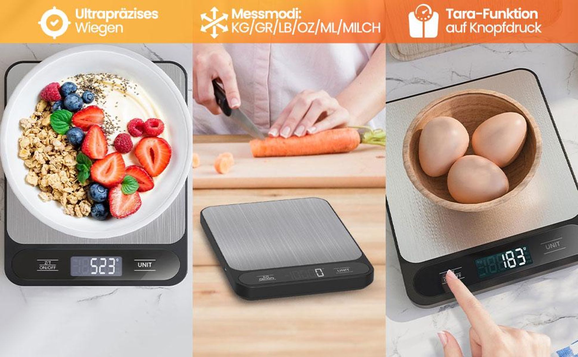 Strex Küchenwaage Digital - Küchenwaage - 1g bis 10kg - Tara-Funktion - Inklusive Batterien - Edelstahl/Schwarz