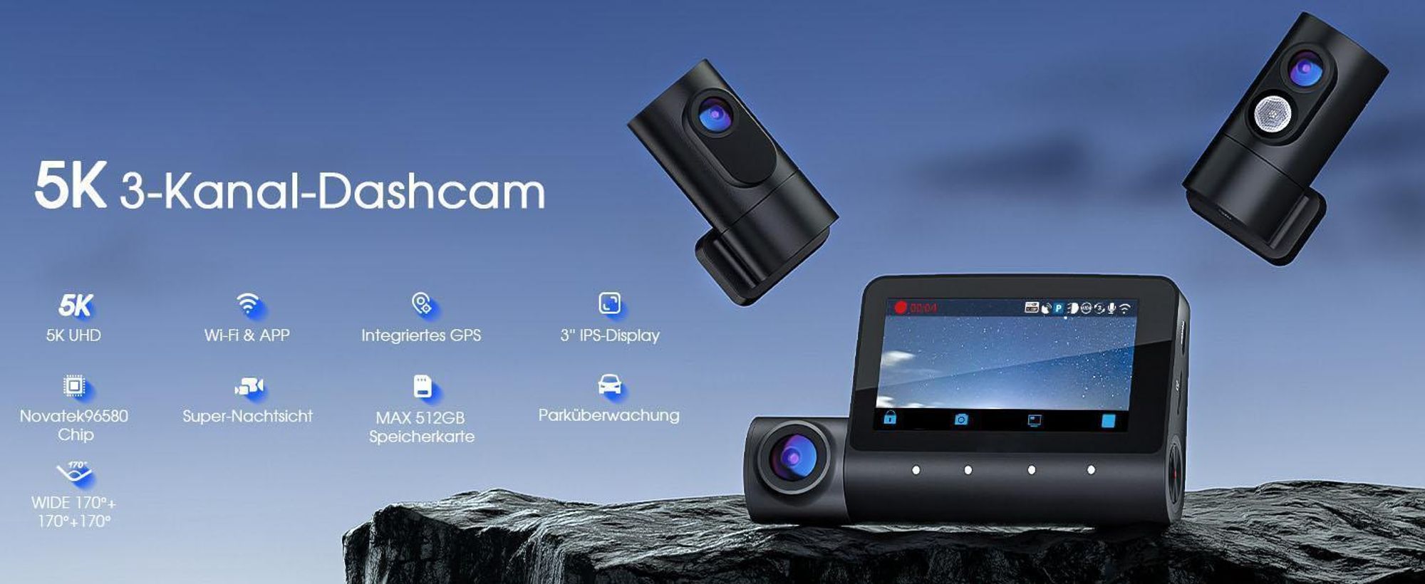 3-Kanal-Dashcam, 4K+1080P+1080P Dashcam Auto Vorne Innen Hinten mit 64GB SD Karte