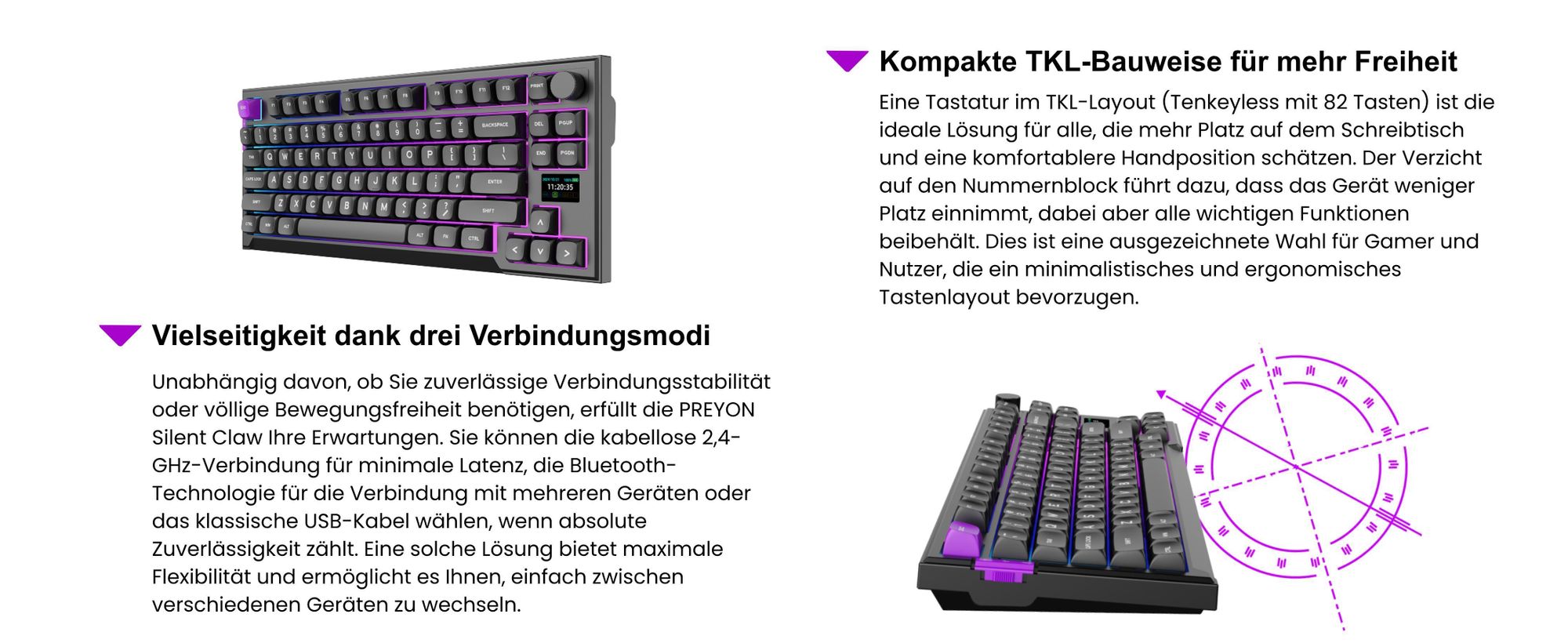 PREYON SILENT CLAW Tastatur Gaming-Tastatur - Gateron Yellow Pro 3.0 Gasket Mount - LCD Anzeige - ohne Zifferntastatur - RGB-Beleuchtung