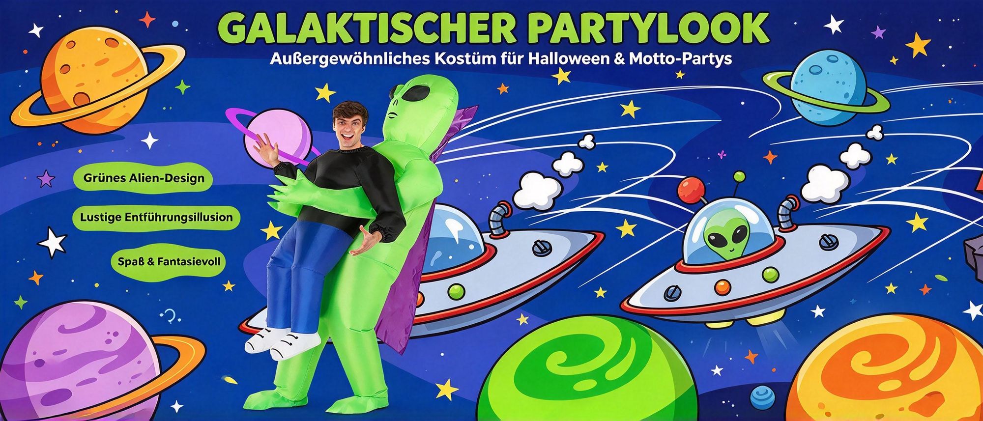 Juksun Alien Kostüm 150-190cm für Erwachsene Polyester grün aufblasbar mit Umhang für Halloween Karneval Party