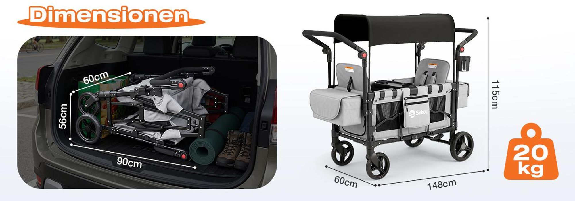 Sekey Bollerwagen Faltbar mit Dach Zwillingsmodus Kinderwagen Doppelsitz mit 2x 5-Punkt-Gurtsystem, Grau