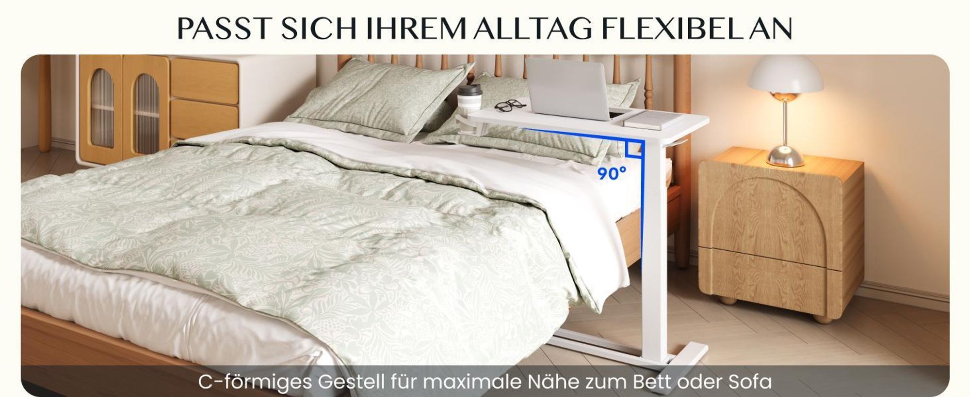 FLEXISPOT Schreibtisch, Beistelltisch Höhenverstellbar in C-Form, Laptoptisch mit Rollen, 66–106 cm, Nachttisch, für Bett und Sofa, Weiß