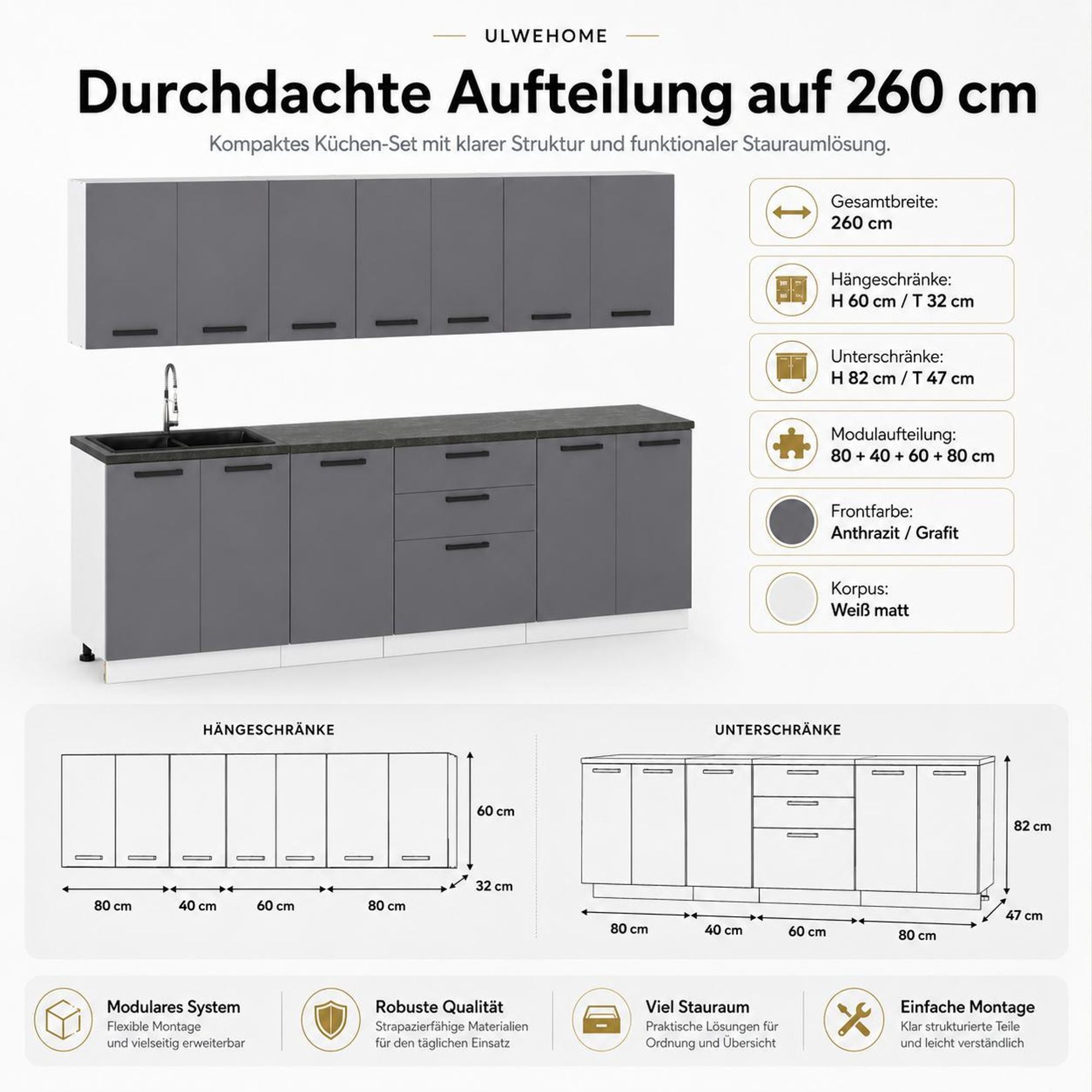 Maße und Modulaufteilung der 260 cm Küchenzeile mit Ober- und Unterschränken.