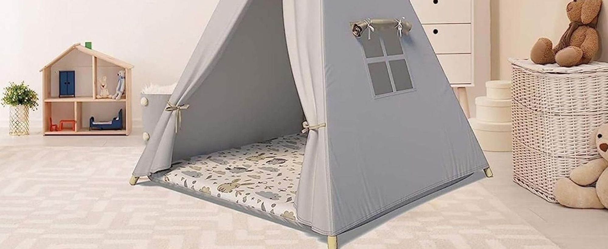 Tipi Zelt für Kinder|Spielzelt Kinder Indoor|Spielzelt mit Weiche Kissen | Langlebig zelt|Kinderfreundlich Tippizelt Indoor (Grau Tierchen)