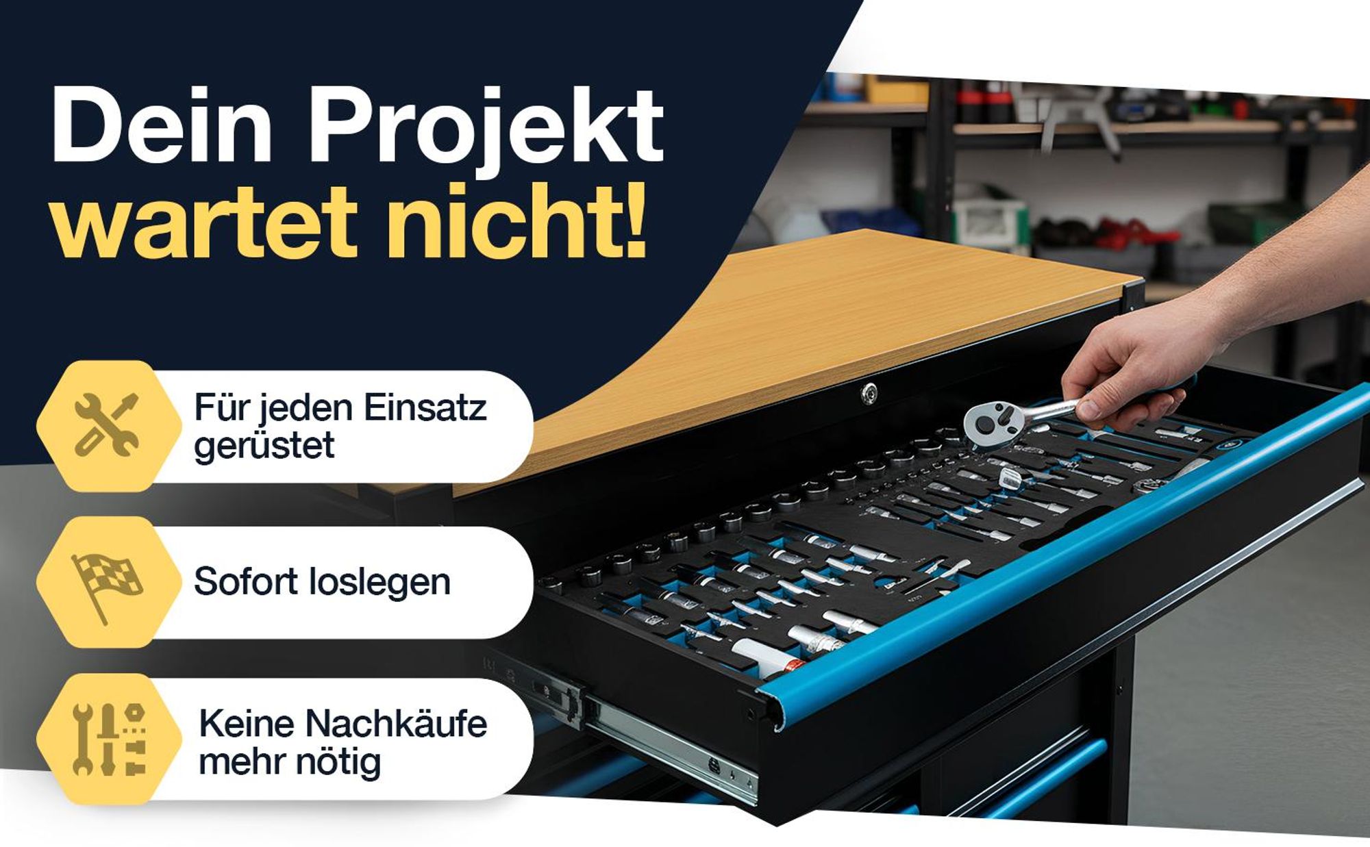 Werkzeugwagen XXL inkl. 471 tlg. Werkzeug, 12 Schubladen mit Holzplatte