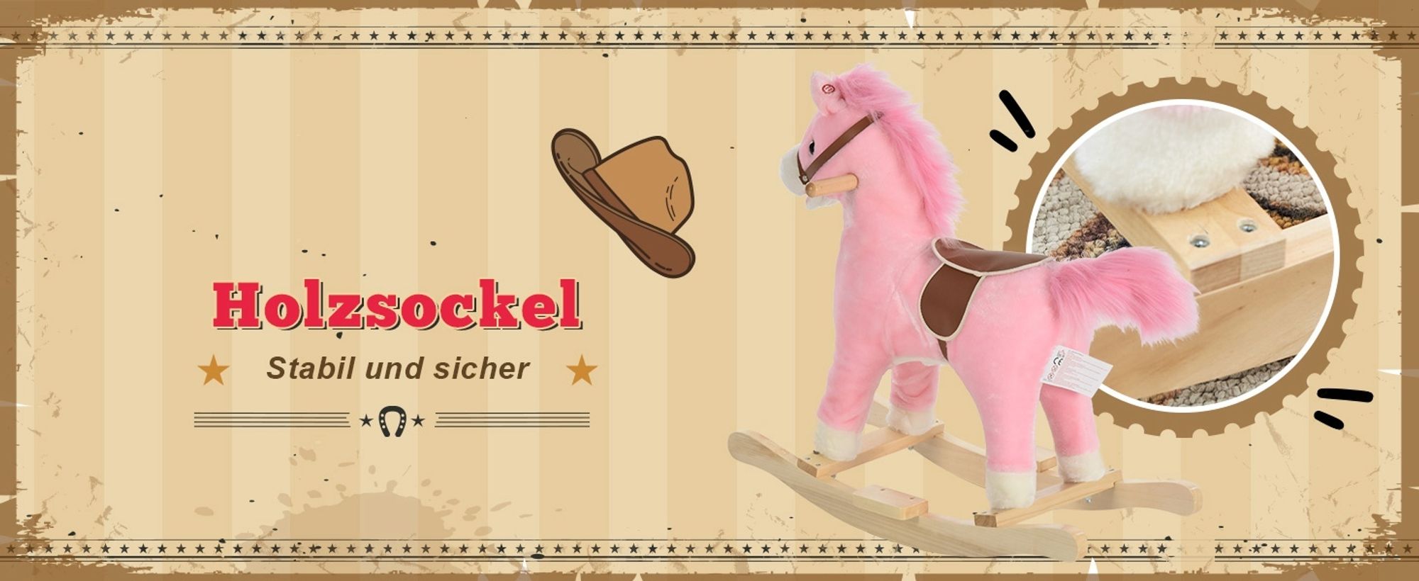 HOMCOM Kinder Schaukelpferd Baby Schaukeltier Pferd mit Tiergeräusche Spielzeug Haltegriffe für 36-72 Monate Plüsch Rosa 65 x 32,5 x 61 cm