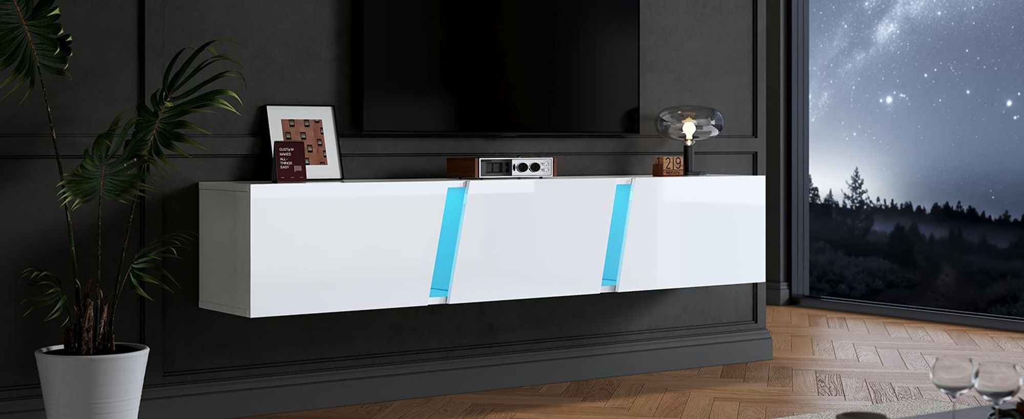 STILVORA Wandmontierter TV-Lowboard mit LED-Licht und 3 Schranktüren,TV-Ständer für 75-Zoll-Fernseher,TV-Schrank Fernsehschrank Hochglanz,Weiß