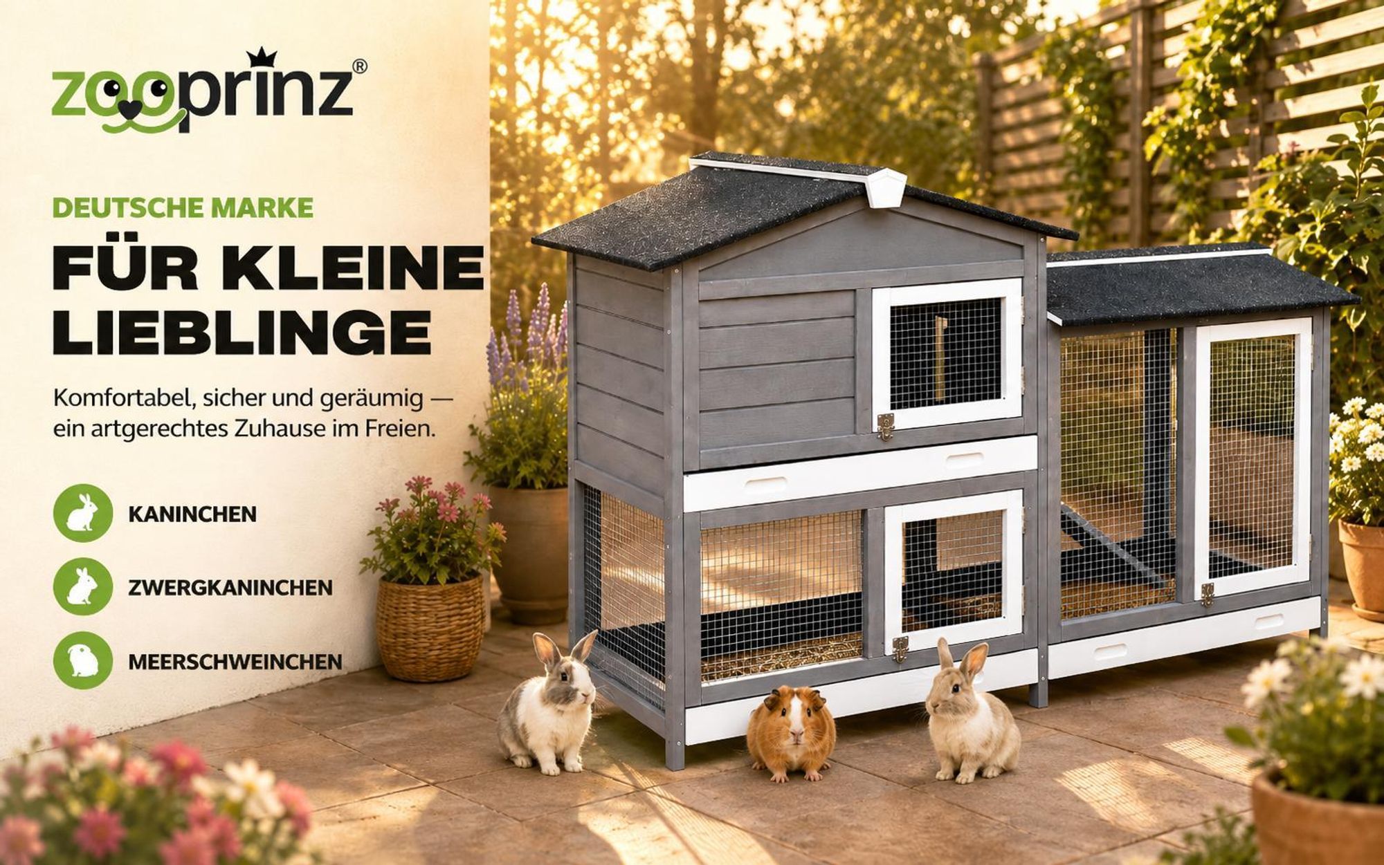 zooprinz Hasenstall Rudy mit Auslauf Kunststoff Schubladen Wetterfest lasiert 145x50x94cm (BxHxT)