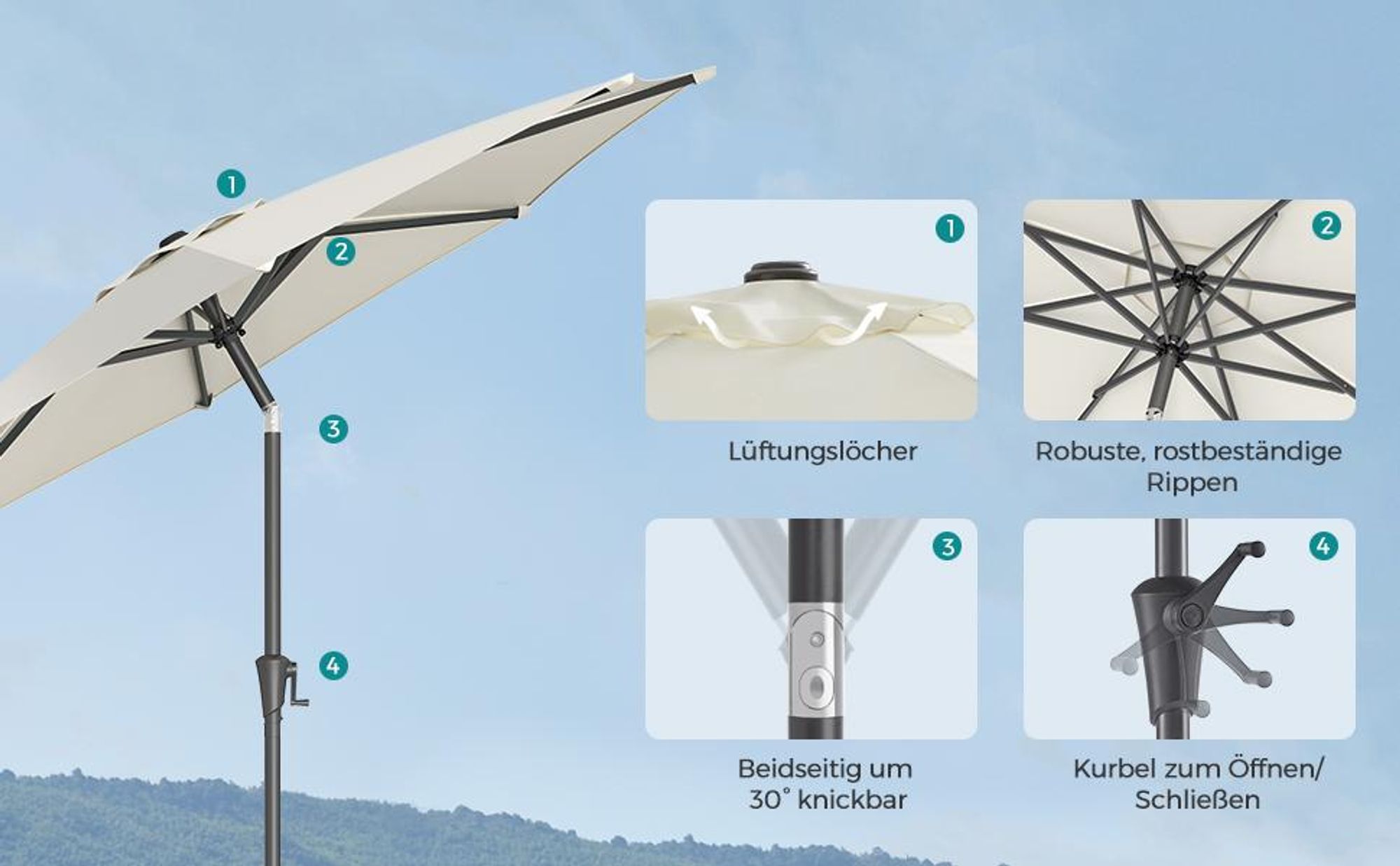 SONGMICS Sonnenschirm Ø300 cm UPF 50+, beidseitig um 30° knickbar Sonnenschutz