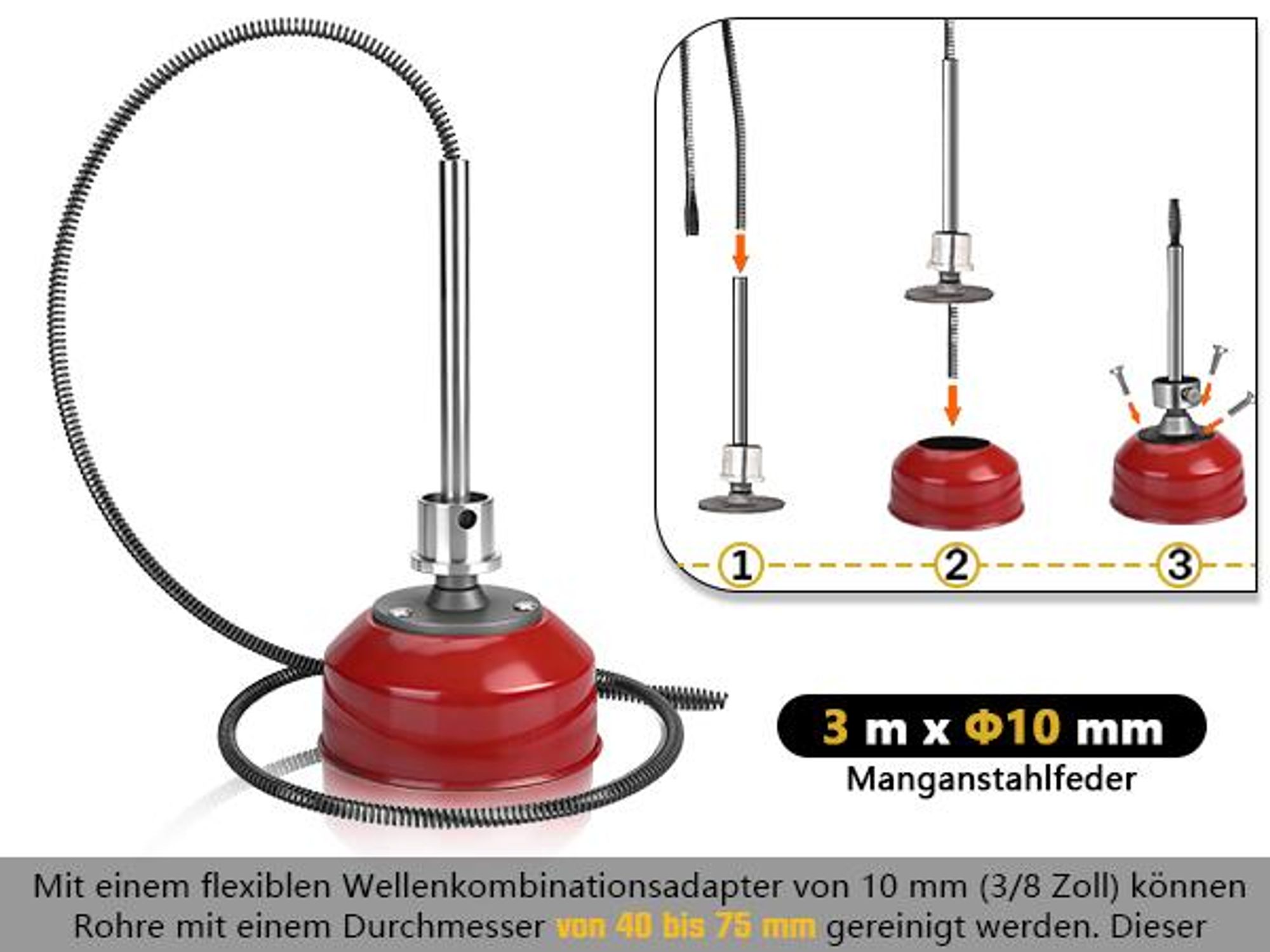 1250W Stark Rohrreinigungsgerät mit 17.5m*Ø22mm + 14m*Ø22mm Spirale, Alurahmen, Rollen, Rohrreinigungsspirale für Ø20–200mm Abflussverstopfung