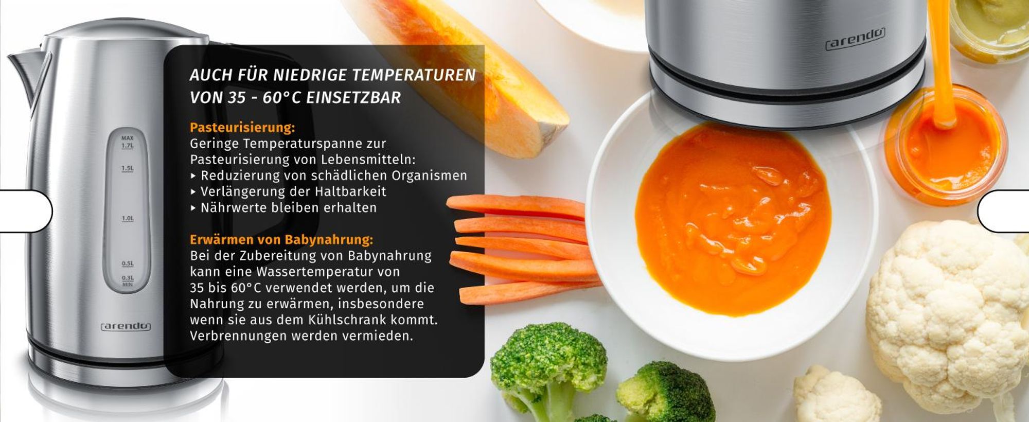 Arendo Wasserkocher mit Temperatureinstellung 35°C - 100°C, Temperaturanzeige, Temperaturwahl, Edelstahl, 1,7 L, 2200W, Warmhaltefunktion, silber
