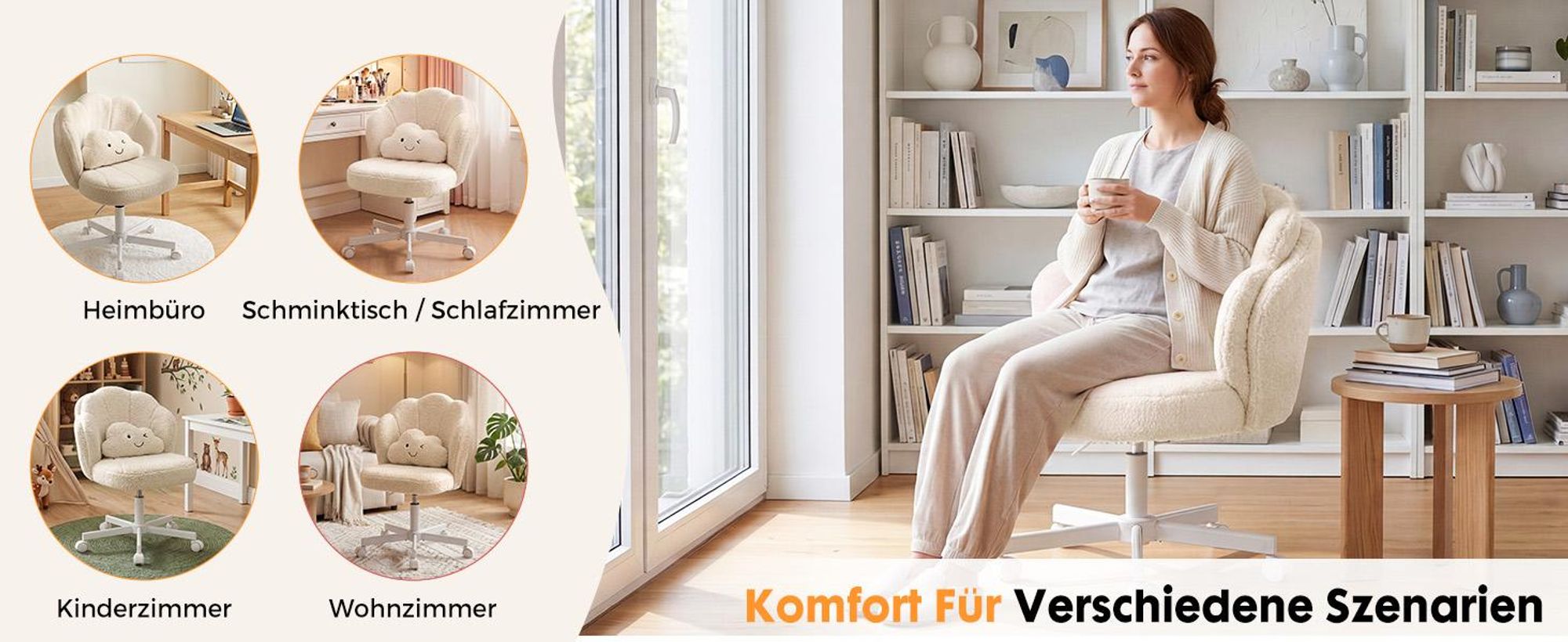 COMHOMA Bürostuhl Schreibtischstuhl, Schminkstuhl mit Rollen Doppelter Rückenlehne und Wolkenkissen, Höhenverstellbarer Drehstuhl, Teddystoff, Beige
