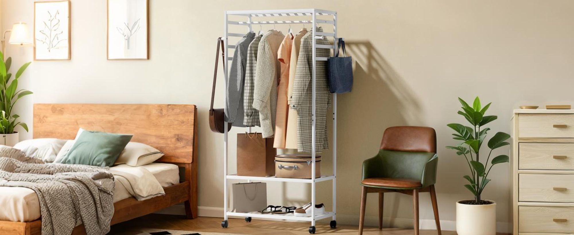 WISFOR Rollgarderobe Kleiderständer Holz mit Kleiderstange und Ablagen, Garderobenständer Rollbar Garderobe Ständer mit Haken und Schuhregal