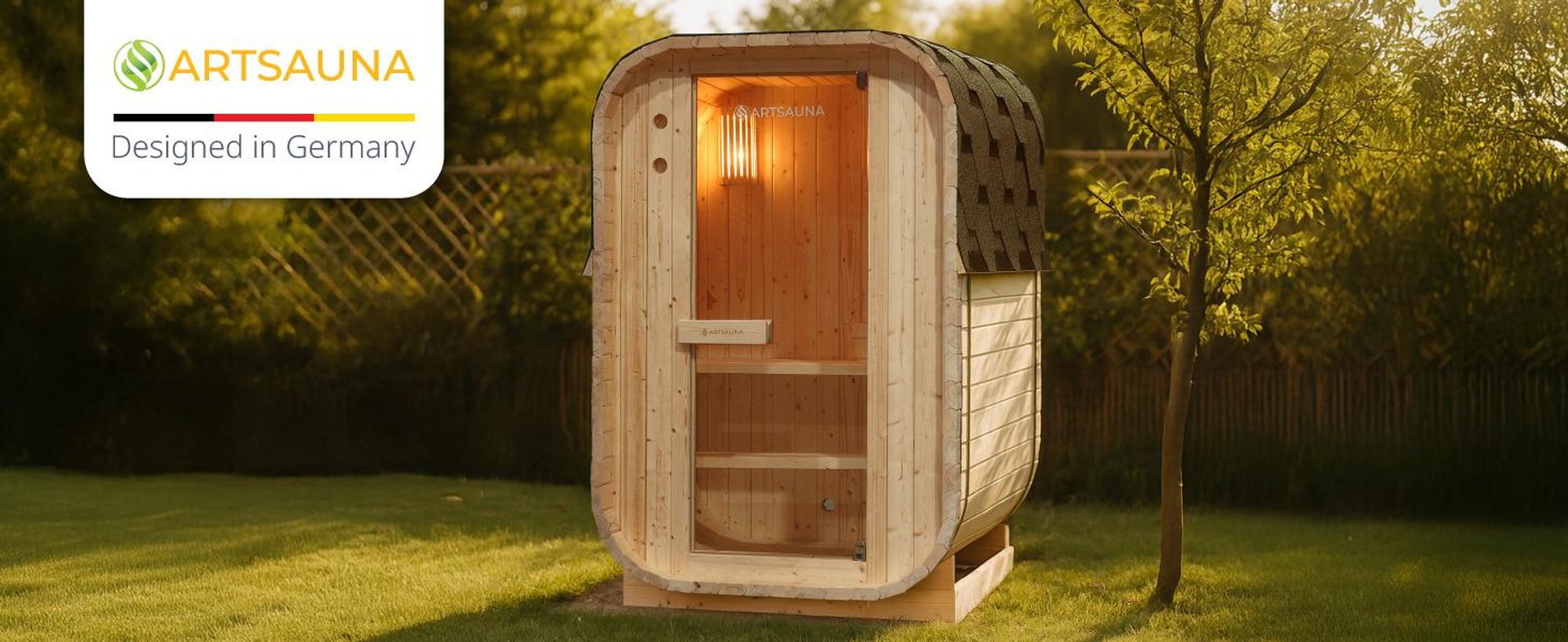 Artsauna Fasssauna Nolvik S, mit 3,6 kW Ofen & Zubehör für Garten, Cube Design