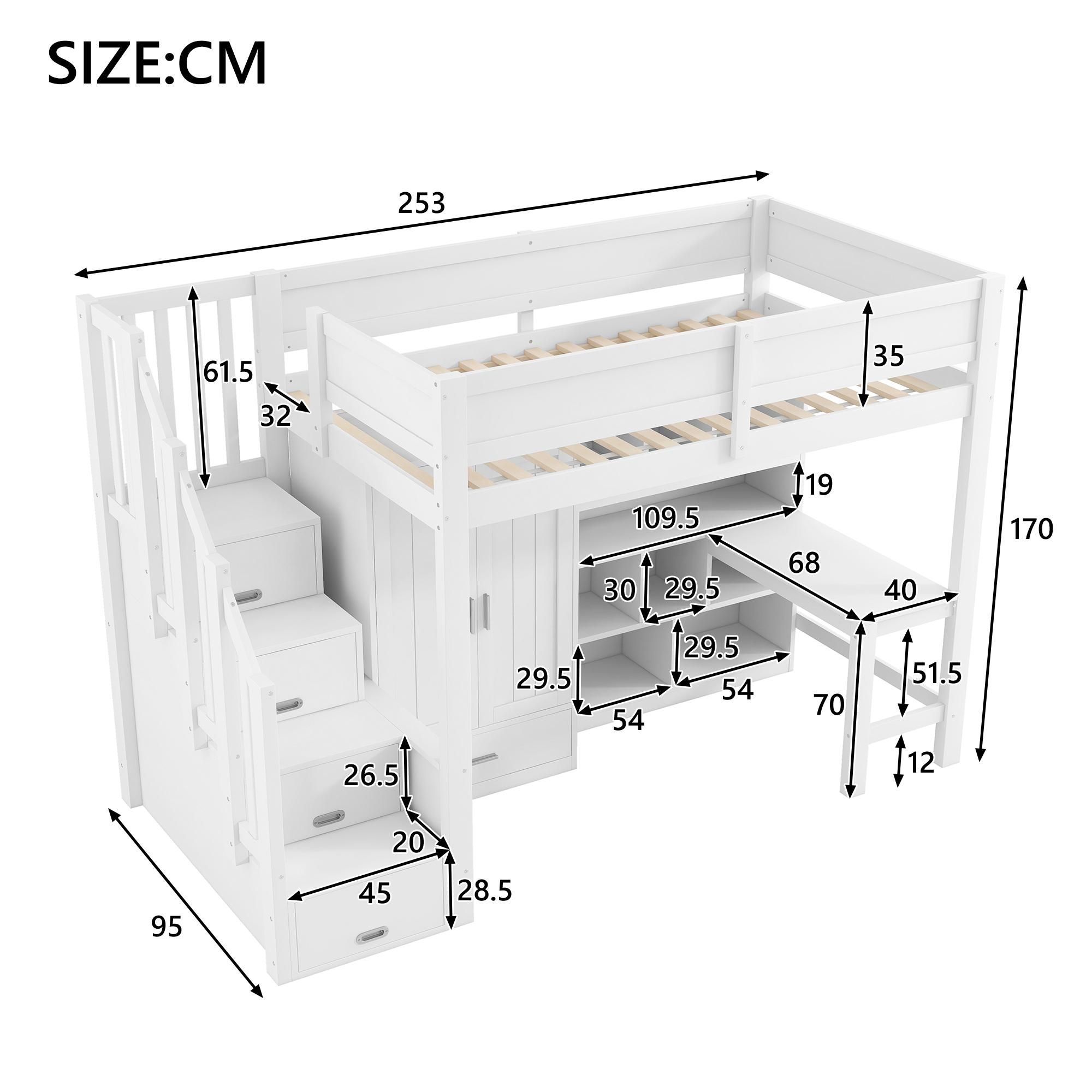 Flieks Etagenbett 90x200cm mit Kleiderschrank, Hochbett Einzelbett mit Schreibtisch und ein Bücherregal, Jugendbett Kinderbett mit Led, Weiß