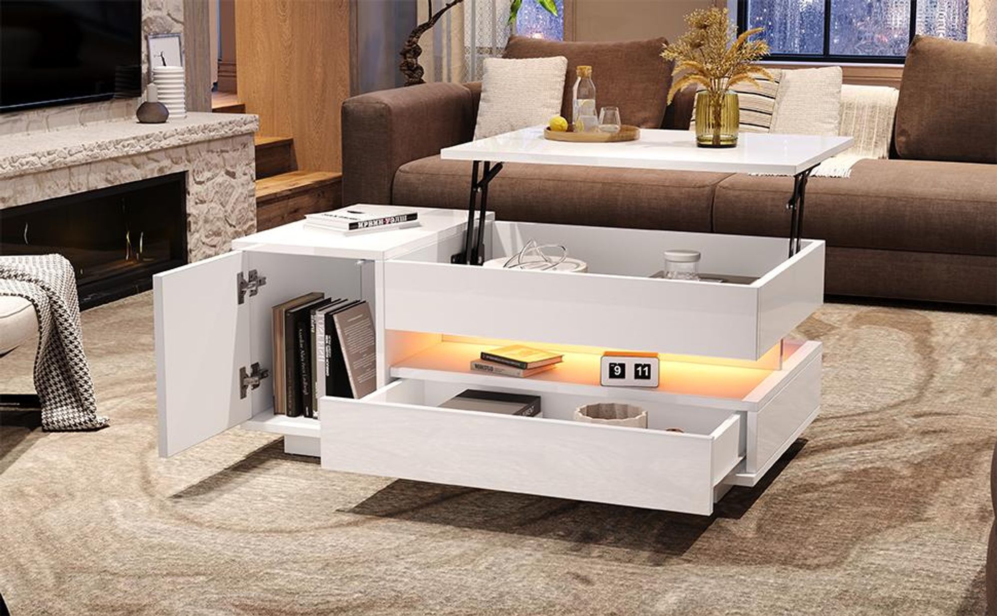 STILVORA Couchtisch mit Hebefunktion und LED, Wohnzimmertisch mit Schublade und Schrank, Beistelltisch mit verstecktem und halboffenem Stauraum, Weiß