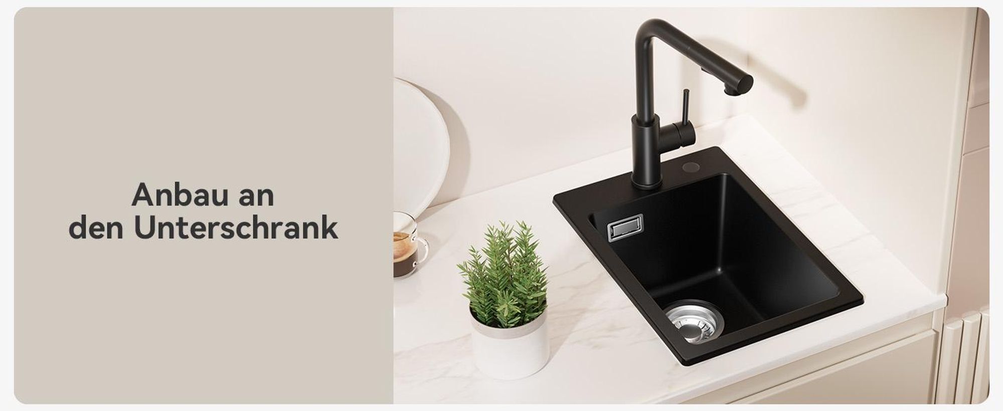 CECIPA max Granitspüle 30×45cm, Rechteckiges Spülbecken Küche Klein, Einzelbecken mit Ablaufset,  Moderne Einbauspüle Granit, Spülbecken Mini